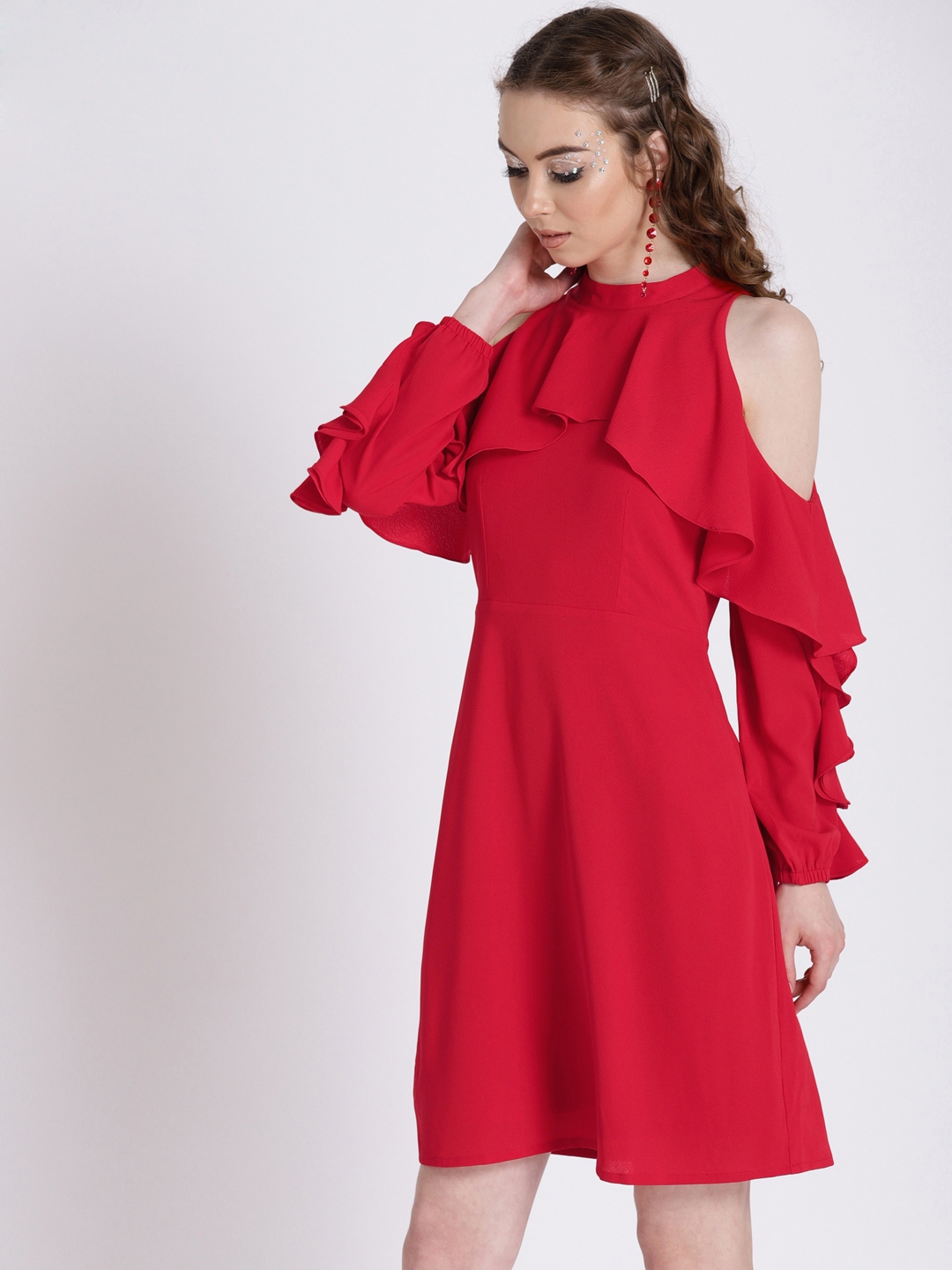 Zink London Red Solid Ruffled Cold Shoulder A Line Dress