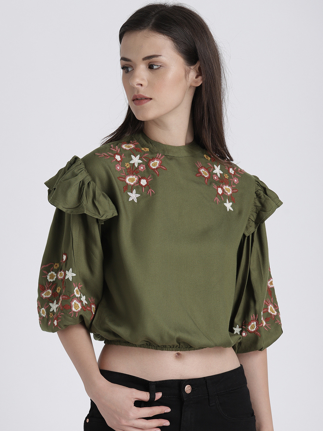 Splash Women Olive Green Printed Blouson Top