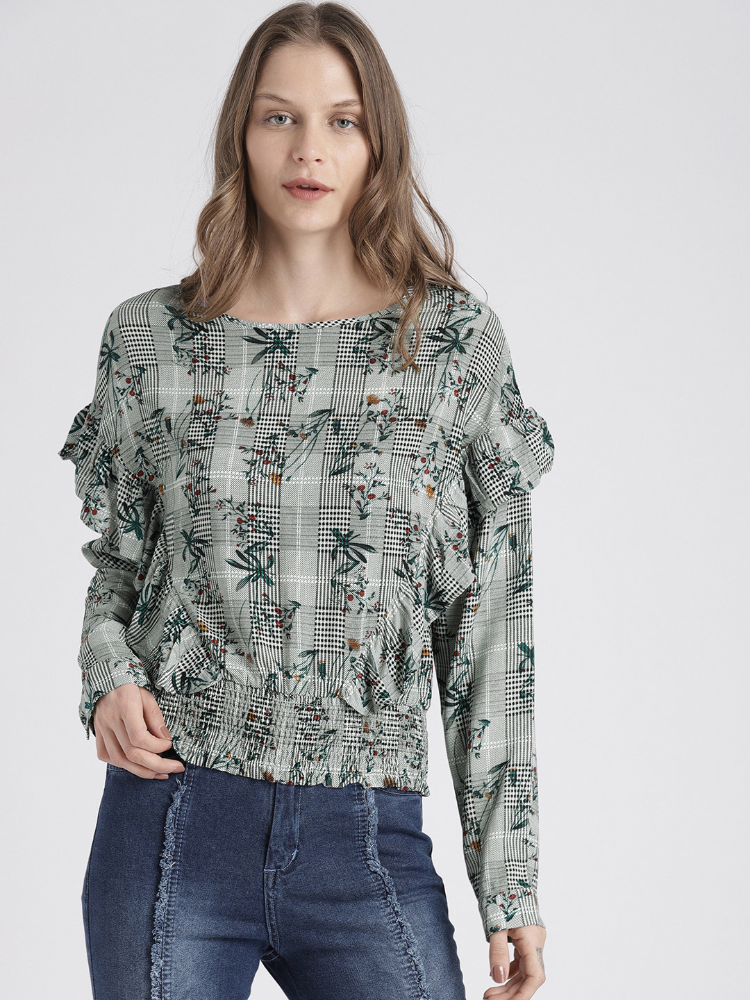 Splash Women Grey Printed Blouson Top