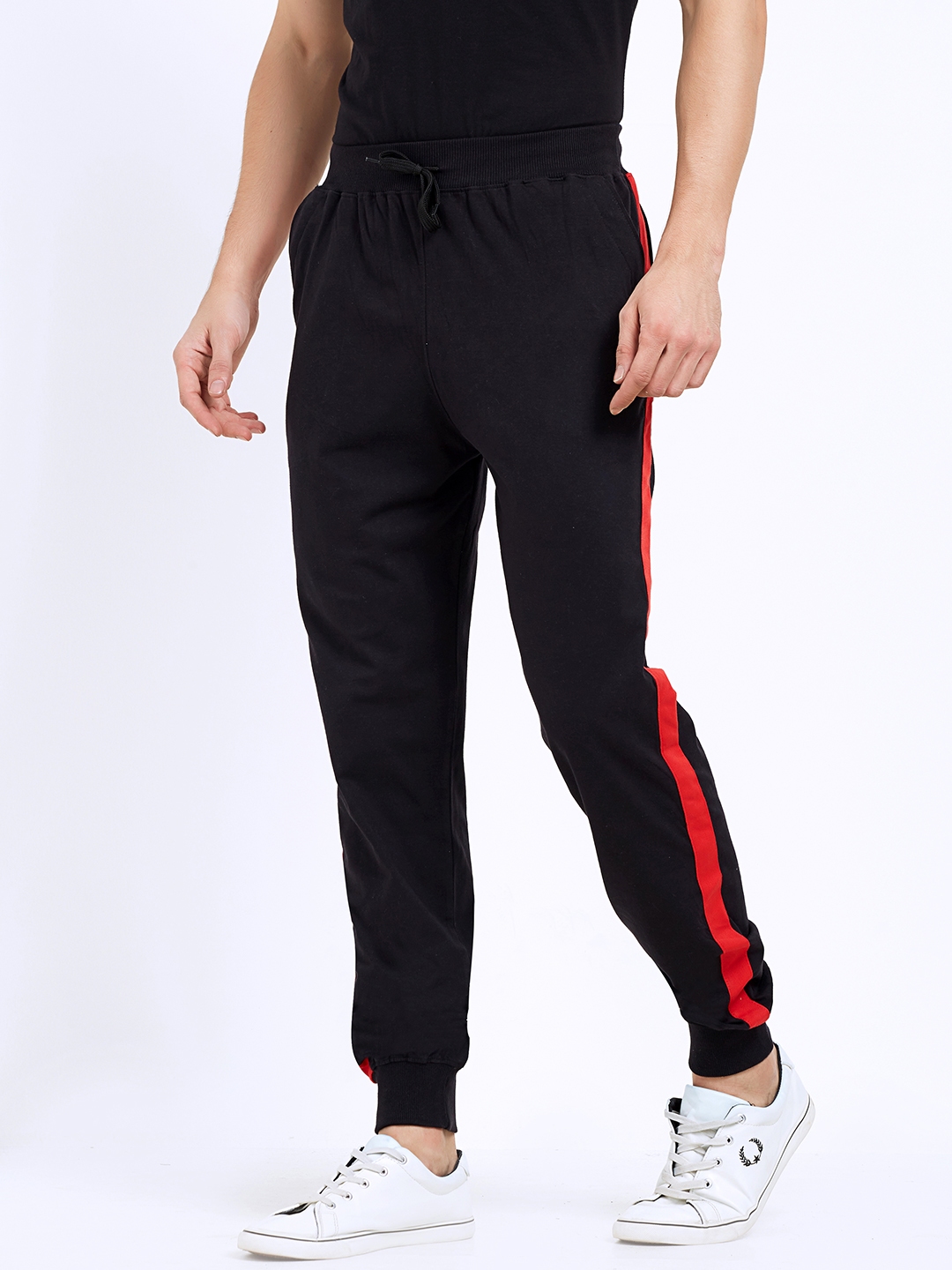 black track pants with red stripe mens