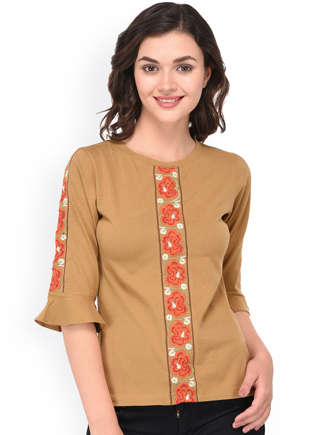 PURYS Women Brown Self Design Top