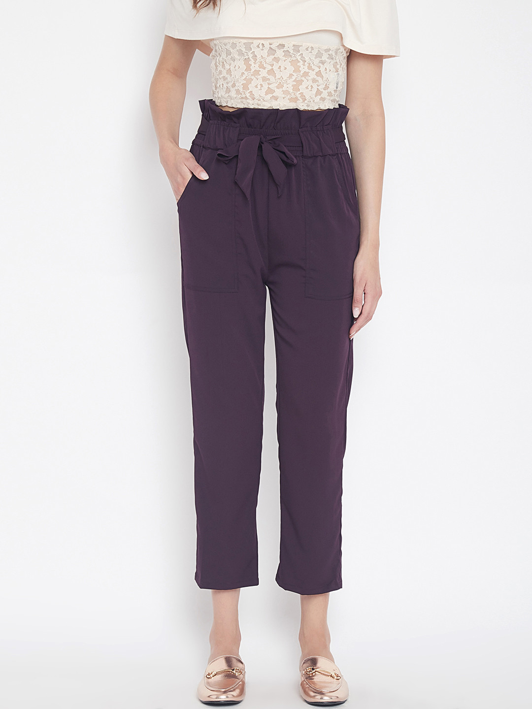 PANIT Women Aubergine Regular Fit Solid Cropped Peg Trousers