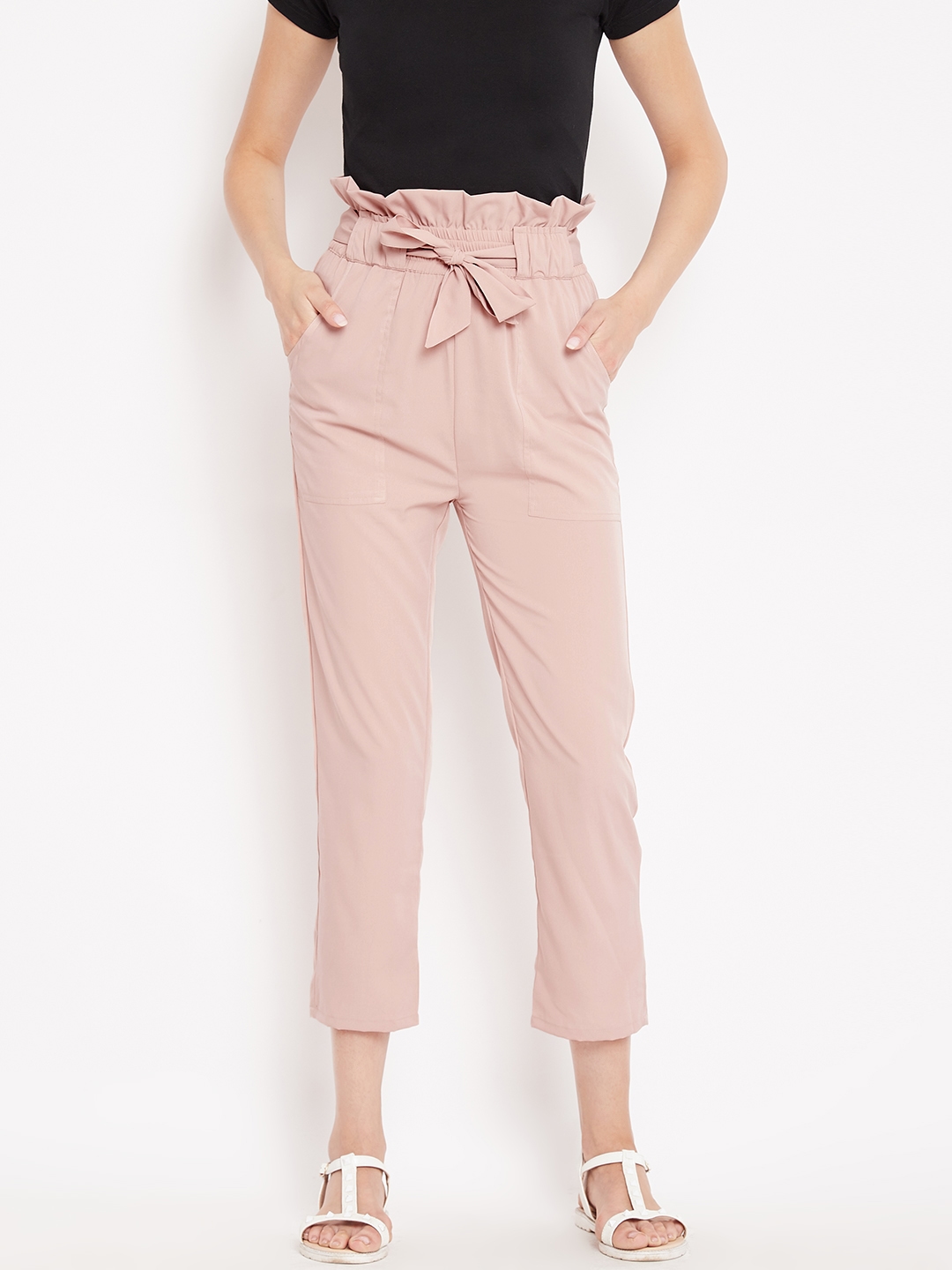 Women Yellow Relaxed Tapered Fit Self Design Cotton Peg Trousers