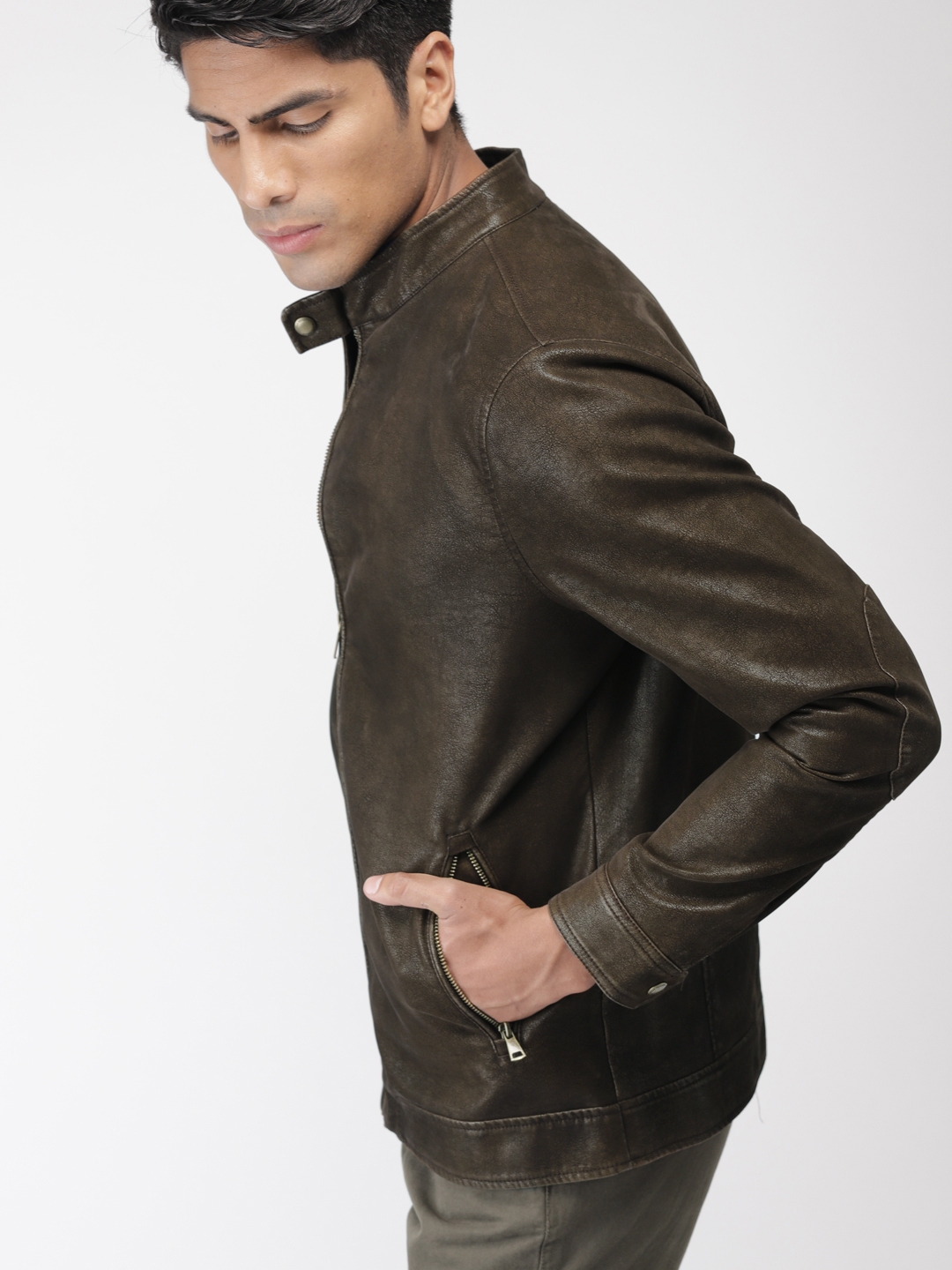 Indian Terrain Men Brown Solid Biker Jacket Jackets