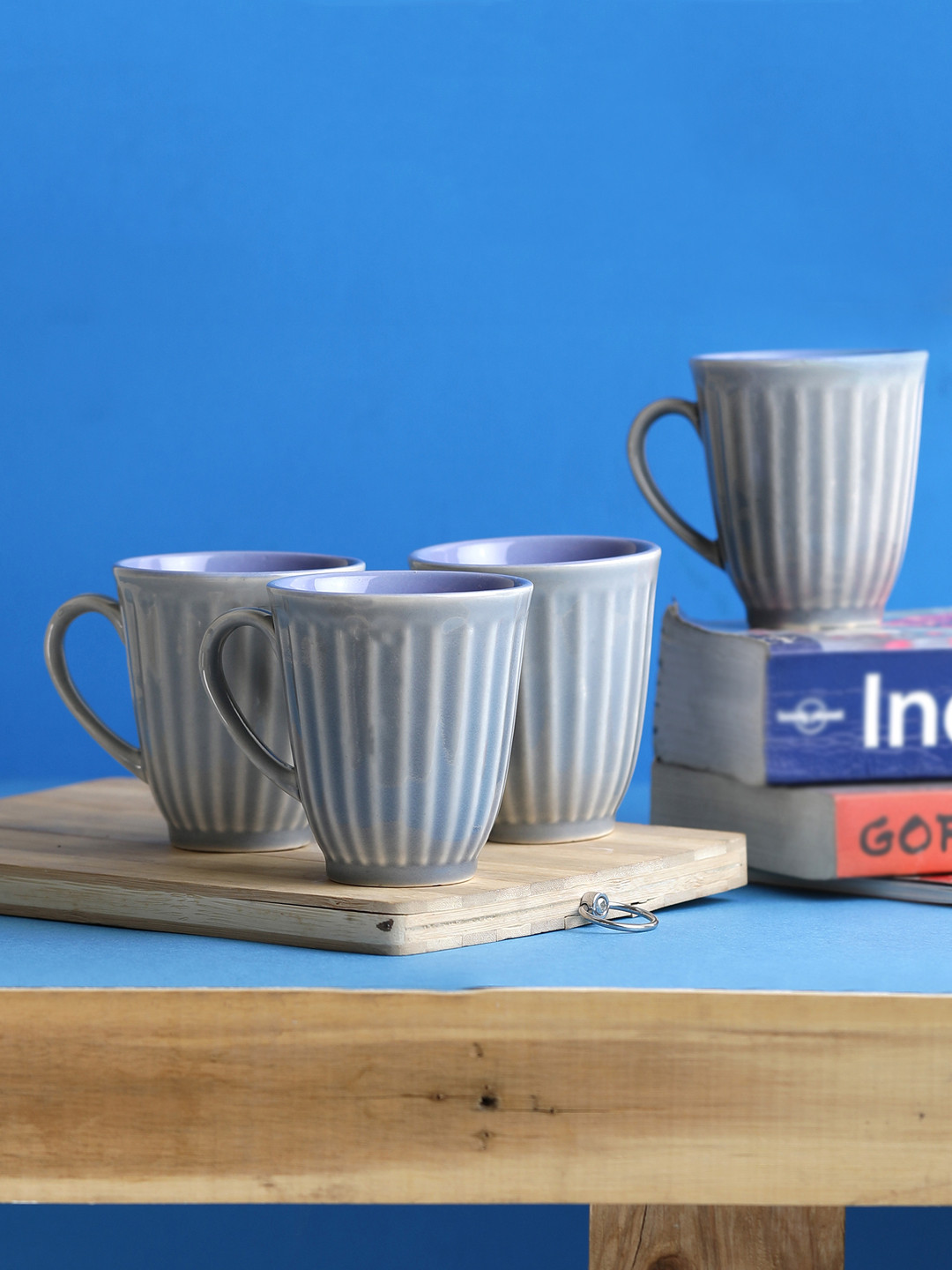 MIAH Decor Wavy Textured Grey Striped Ceramic Handmade 4 Piece Mugs-300ml