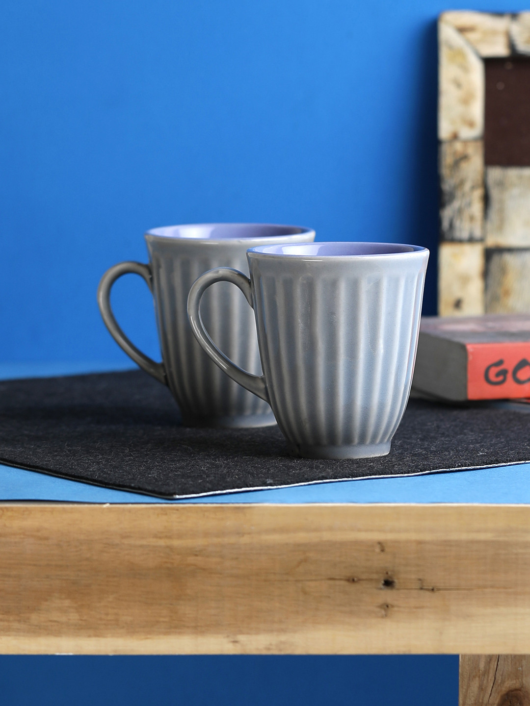 MIAH Decor Wavy Textured Grey Striped Ceramic Handmade 2 Piece Mugs-350ml