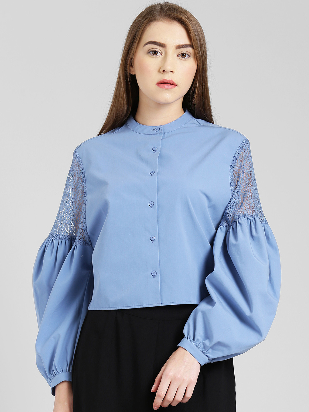 Zink London Women Blue Self Design Shirt Style Top