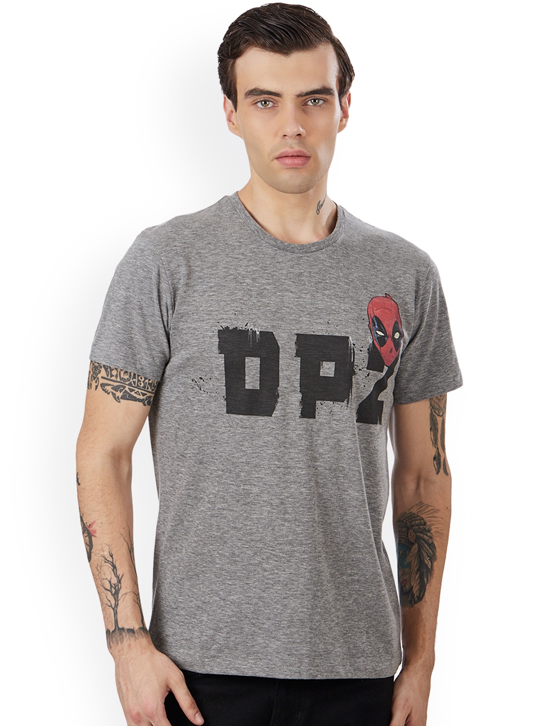 Free Authority Men Grey DEADPOOL Printed Round Neck T Shirt