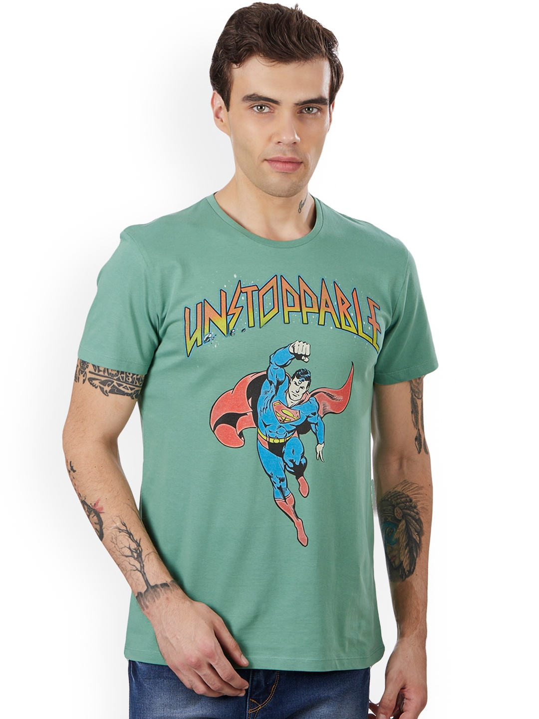 Buy Free Authority Men Green Superman Print Round Neck T Shirt