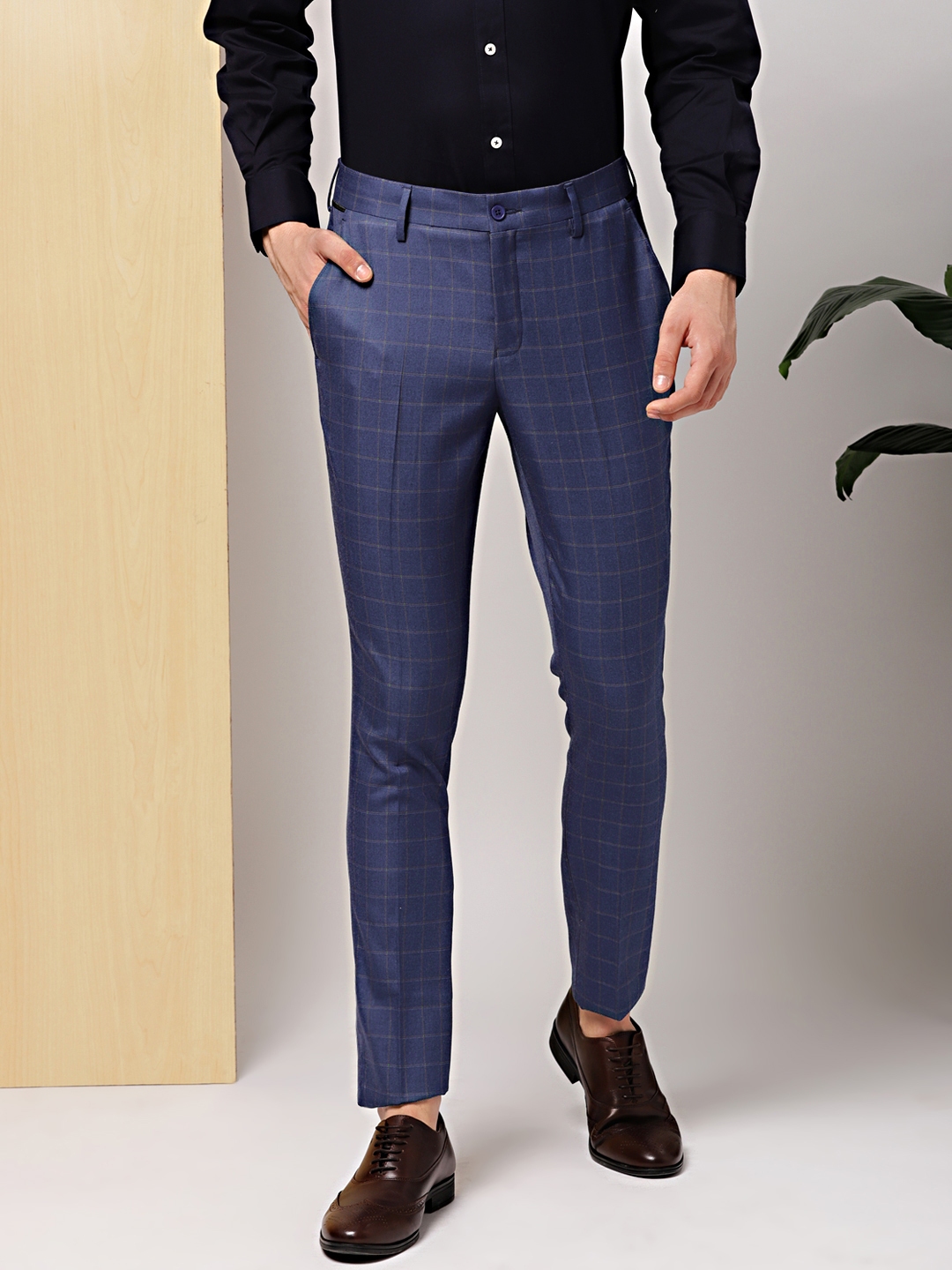 Jainish Mens Cream Cotton Checked Formal Trousers  Jompers