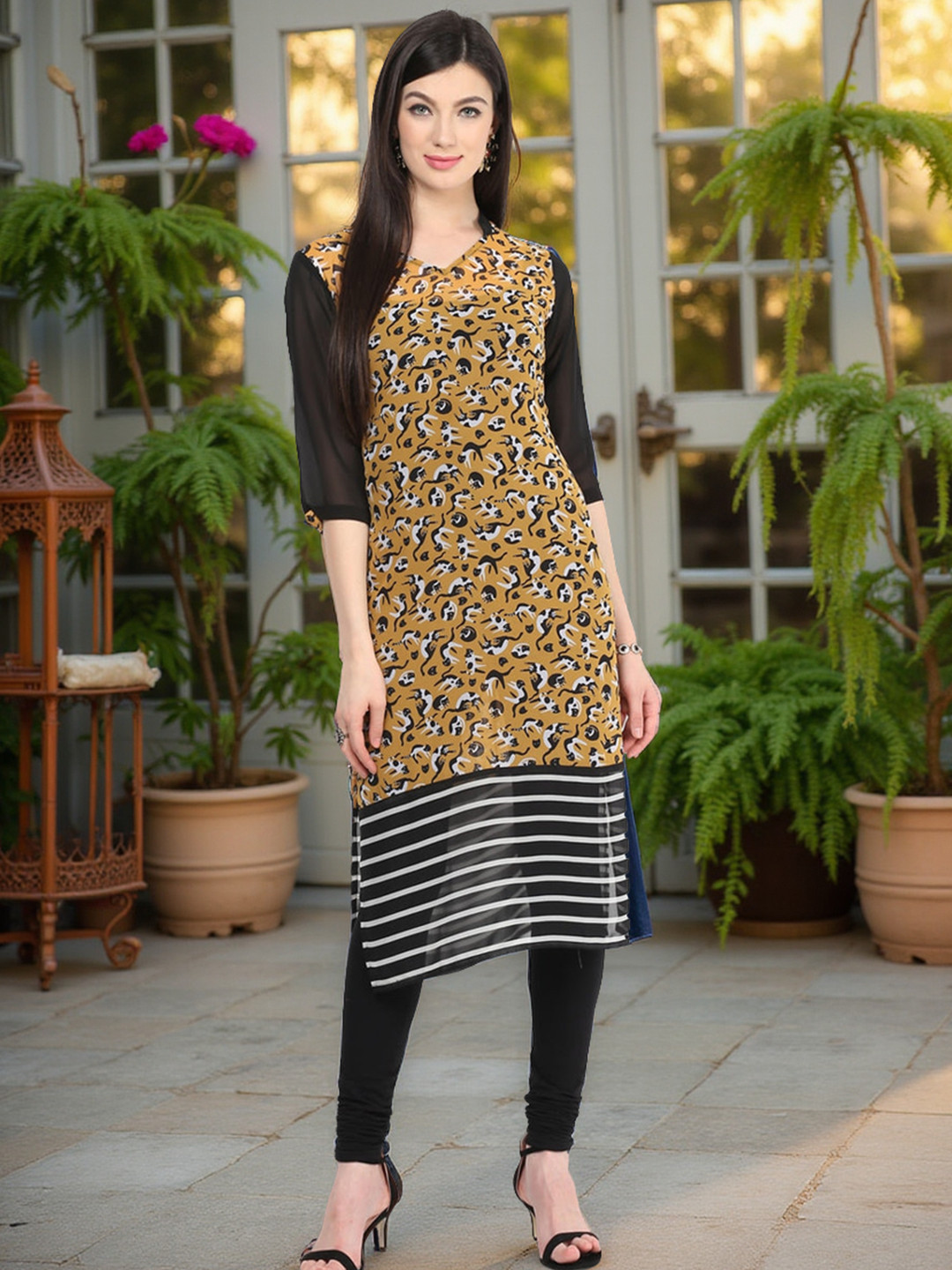 Pannkh Women Yellow & Black Cat Print Straight Kurta