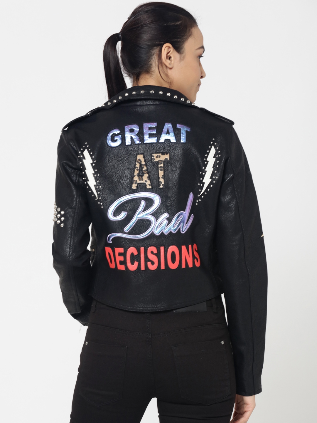 Great at bad decisions leather jacket sale