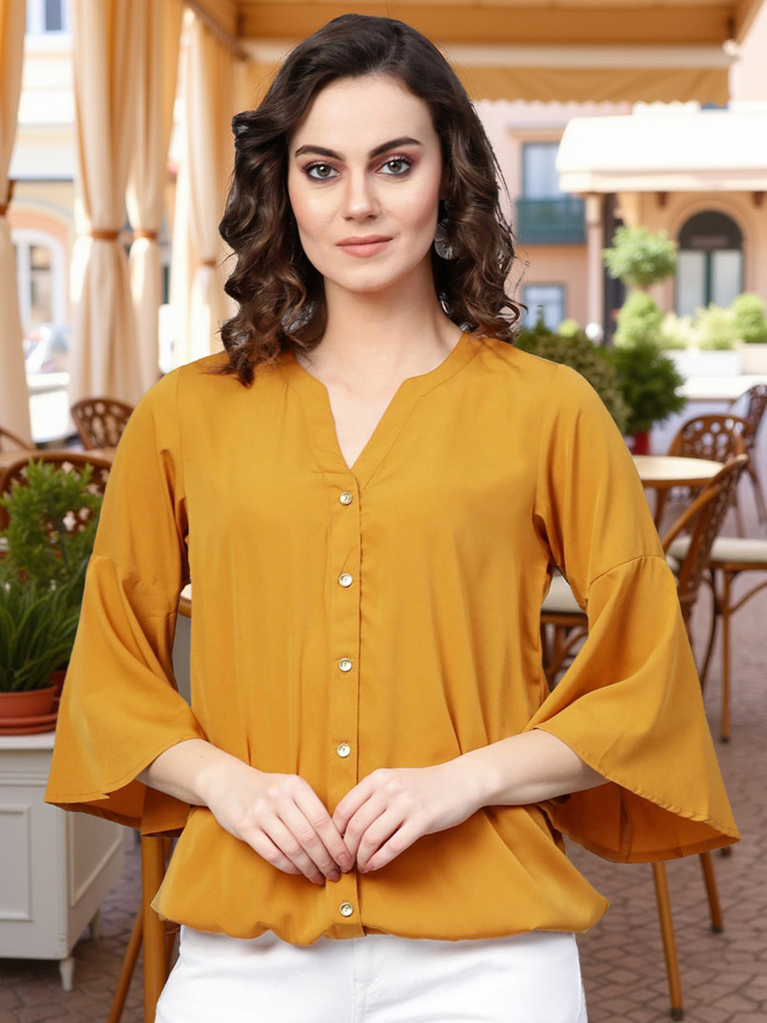 Pannkh Women Mustard Solid Shirt Style Top