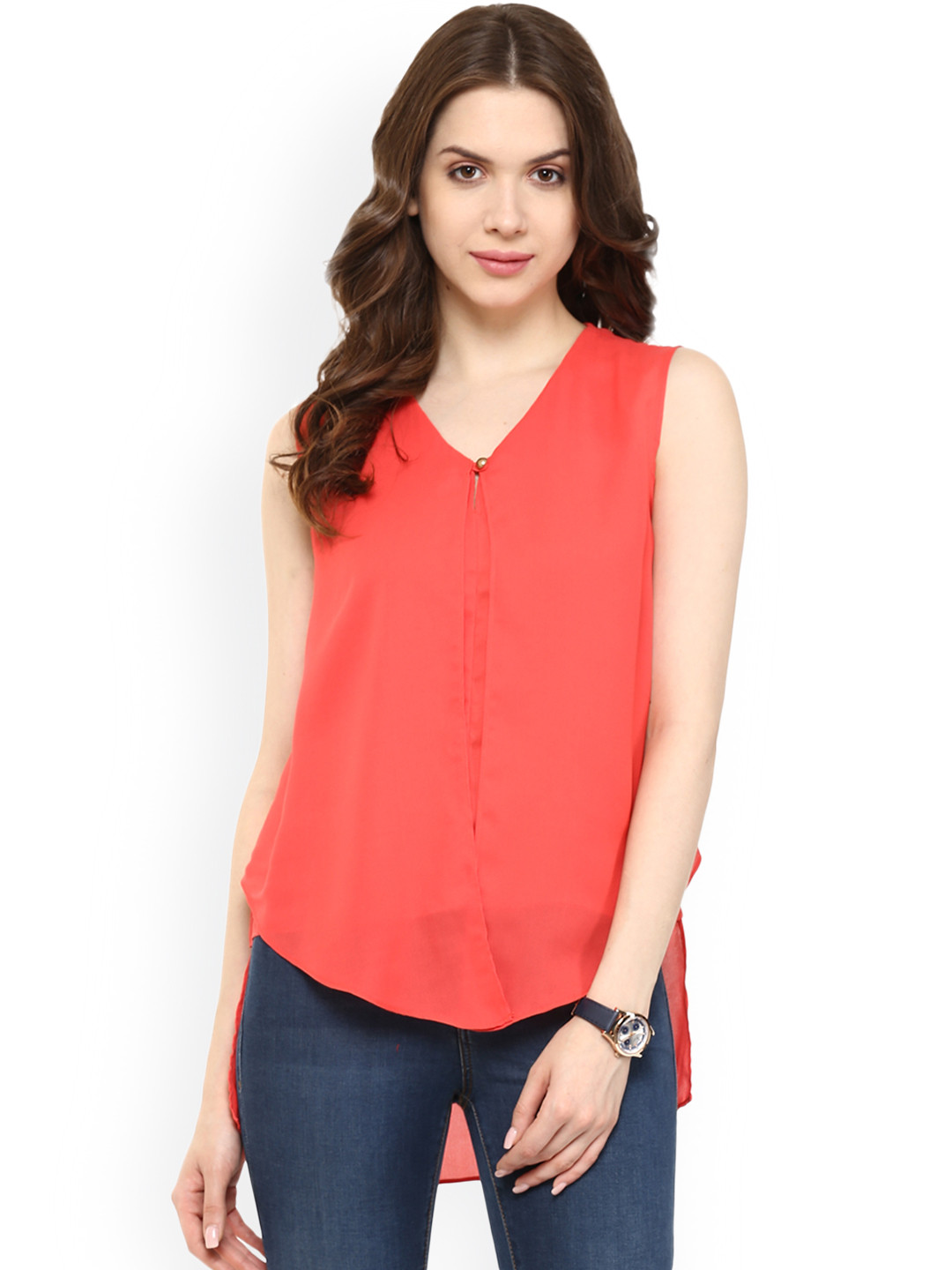 Pannkh Women Coral Solid High-Low Top