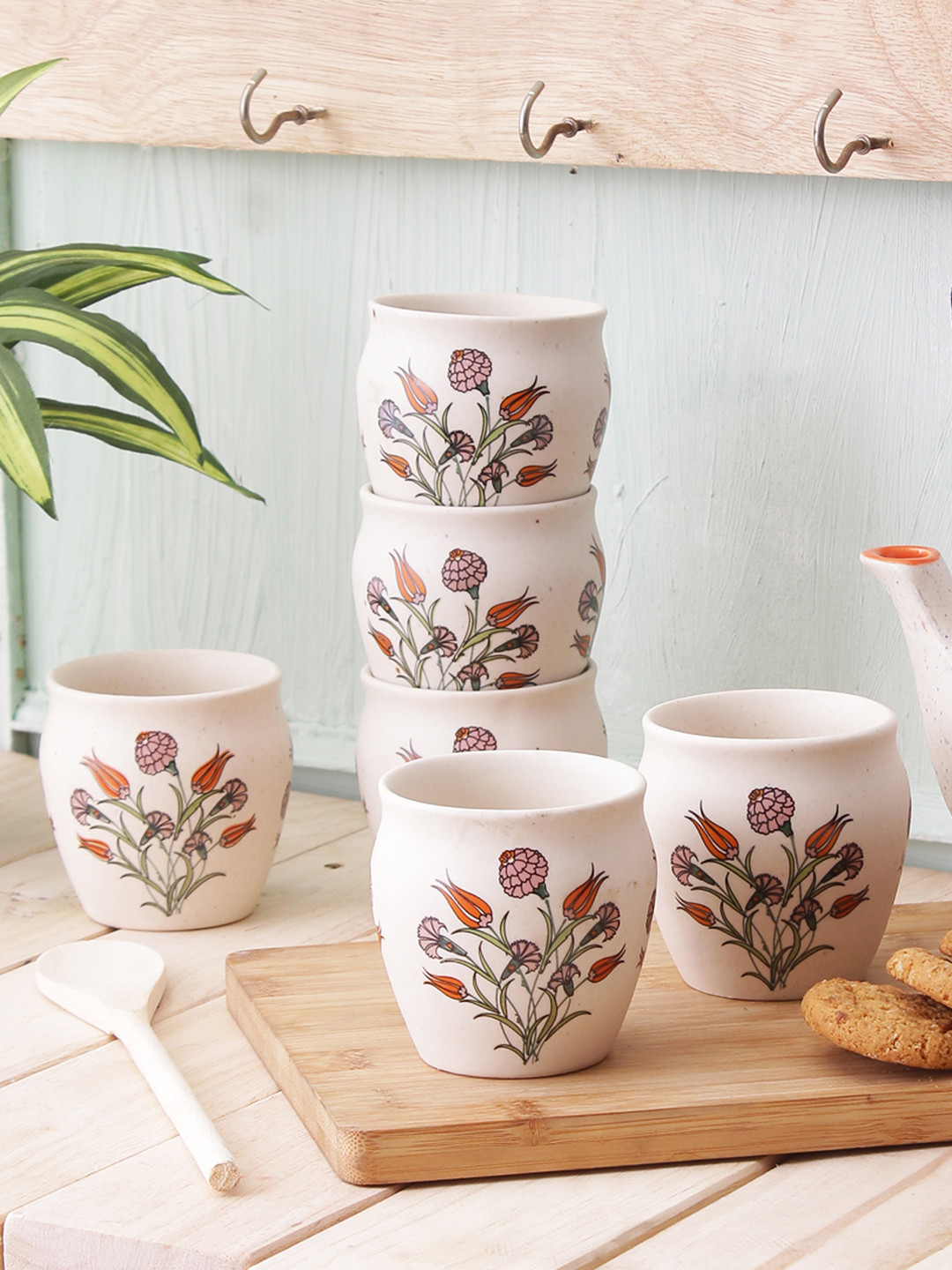 MIAH Decor Bell Brew Boss Babe Off White Floral Ceramic Handcrafted 6 Piece Mugs-190ml