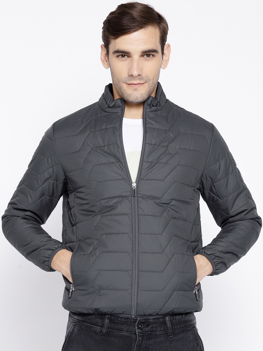 Van Heusen Sport Men Charcoal Grey Solid Quilted Jacket