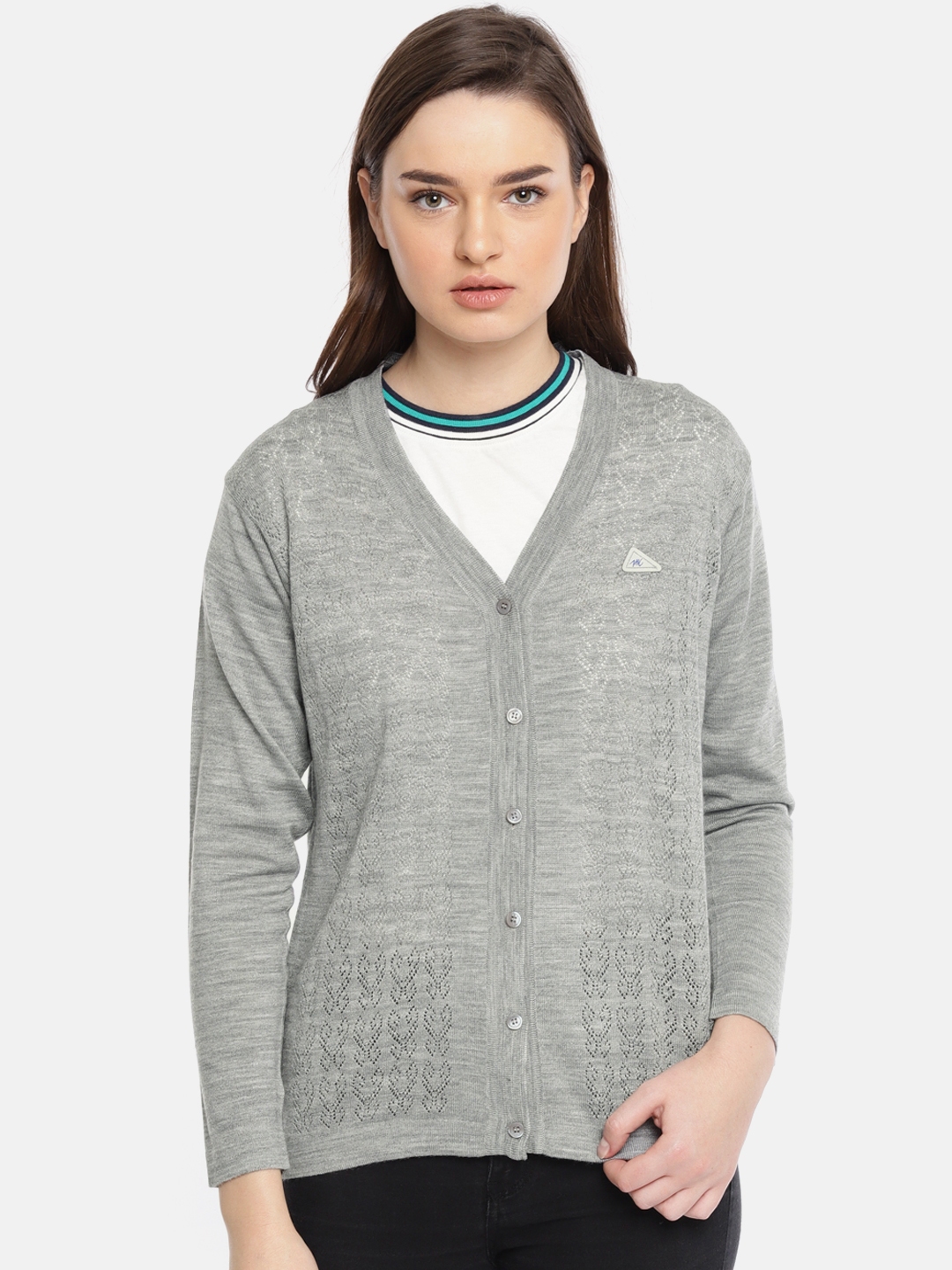 Monte Carlo Women Grey Self Design Cardigan