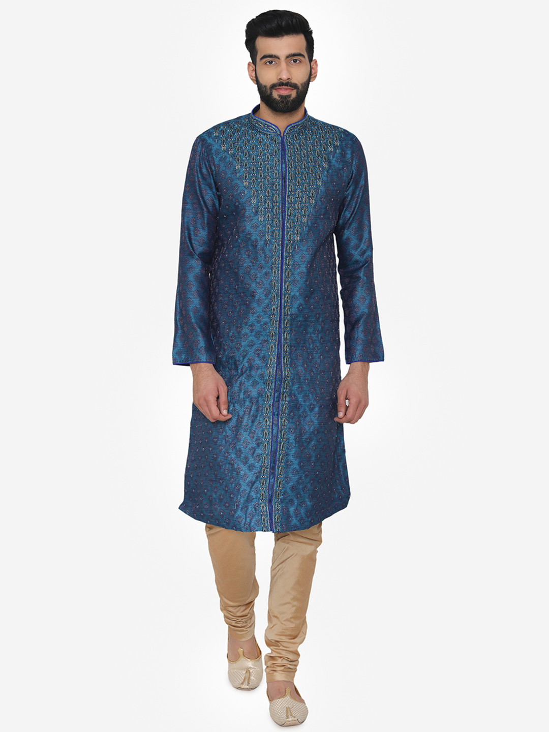 Manu Men Blue & Gold-Toned Embroidered Kurta with Churidar