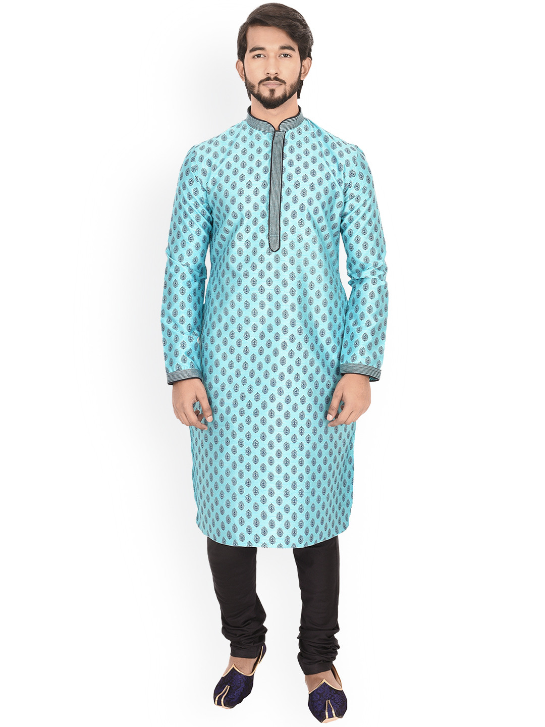 Manu Men Turquoise Blue Self Design Kurta with Churidar