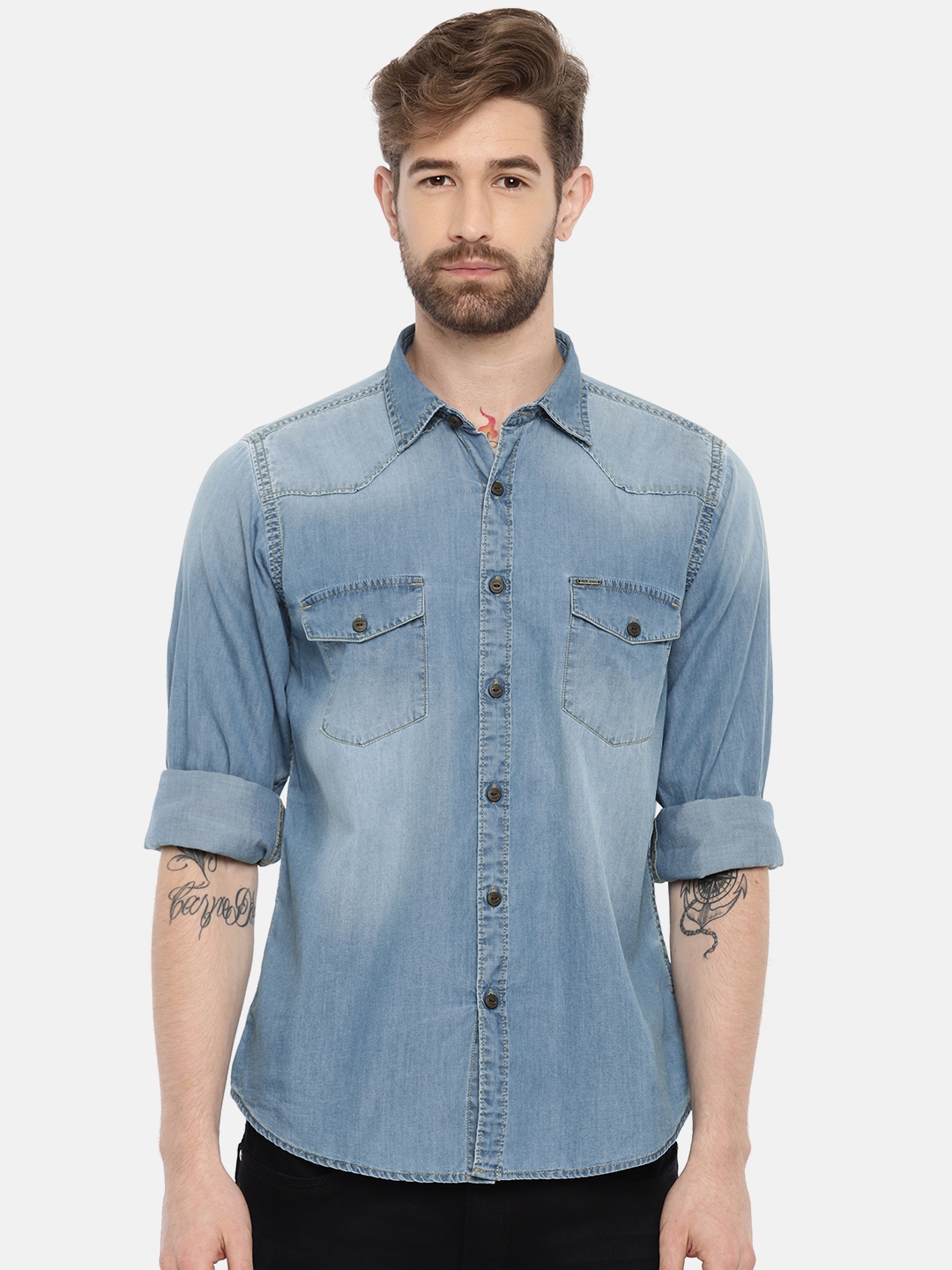 Pepe Jeans Men Solid Casual Blue Shirt