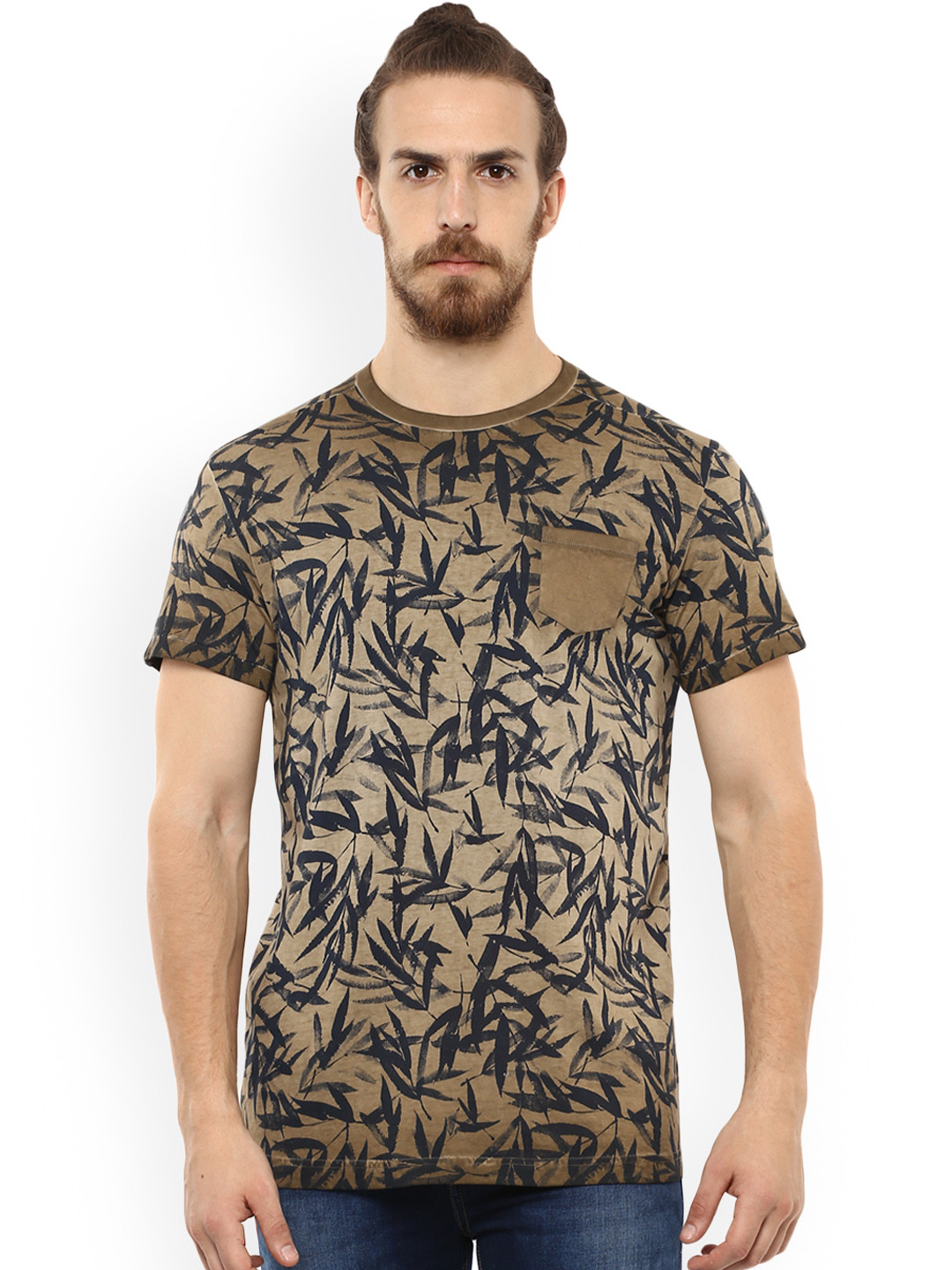 Buy Mufti Men Khaki Printed Round Neck 