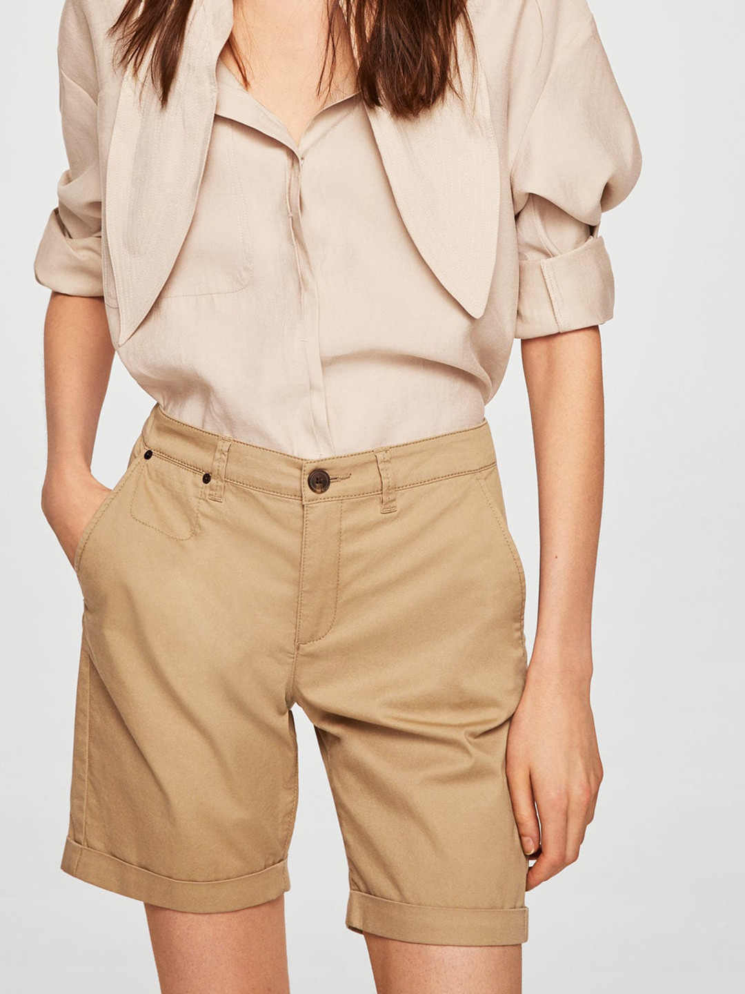 MANGO Women Beige Solid Chino Shorts