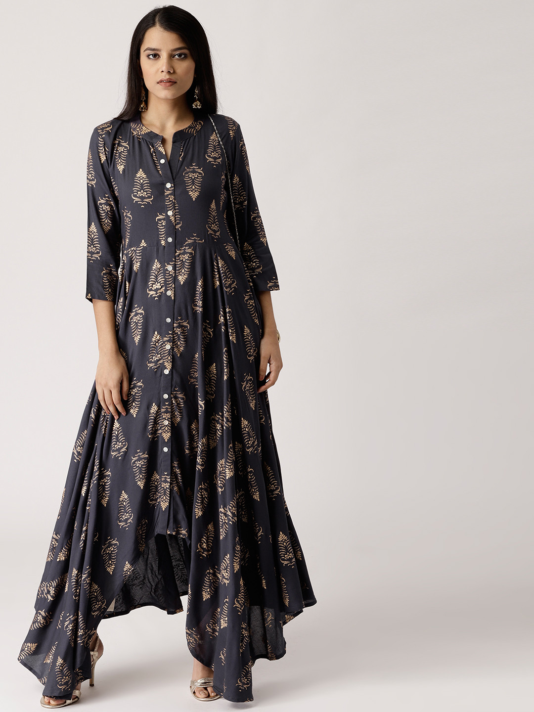 Libas Women Grey & Golden Printed Asymmetric A-Line Kurta