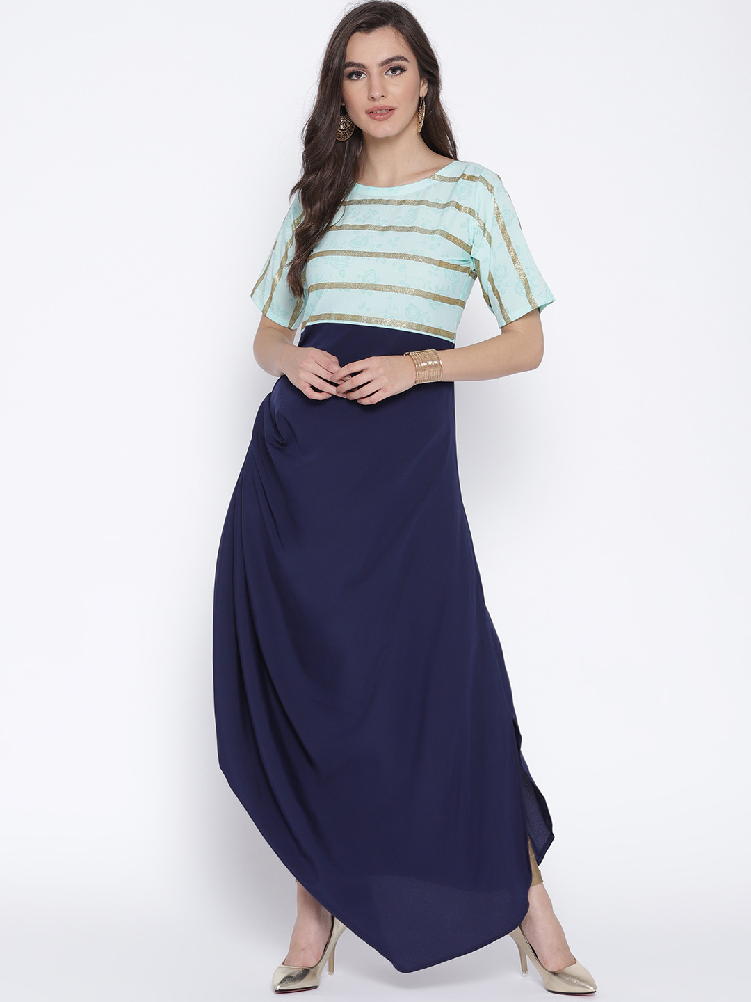 Ahalyaa Women Navy Blue & Sea Green Colourblocked A-Line Ethnic Dress