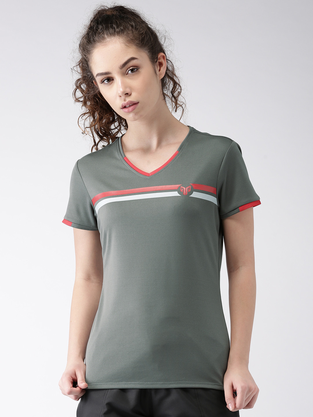 Buy 2GO Women Grey Solid GO DRY V Neck 