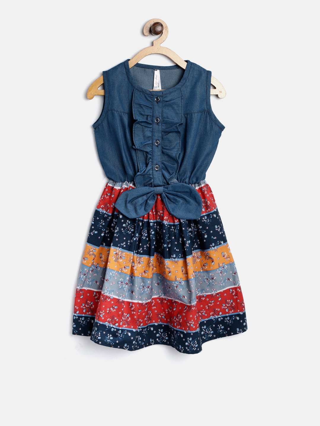 StyleStone Girls Blue & Red Floral Print Denim Fit & Flare Dress