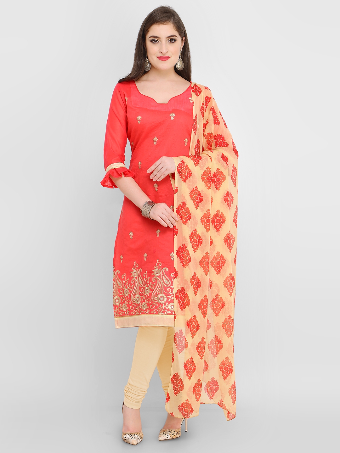 Rajnandini Peach Coloured Embroidered Chanderi Cotton Blend Unstitched Dress Material