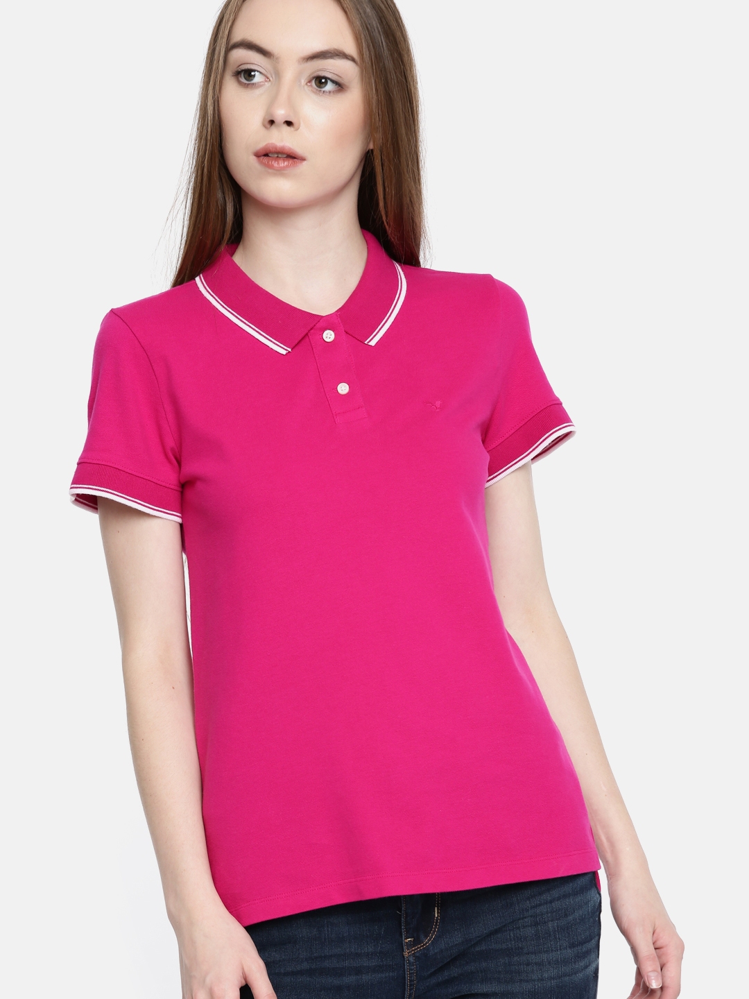 Buy AMERICAN EAGLE OUTFITTERS Women Pink Solid Polo T-shirt online