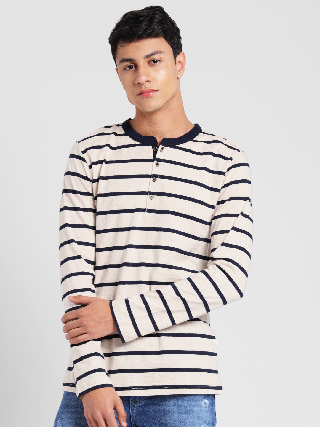 Navy Blue Striped Henley Neck 