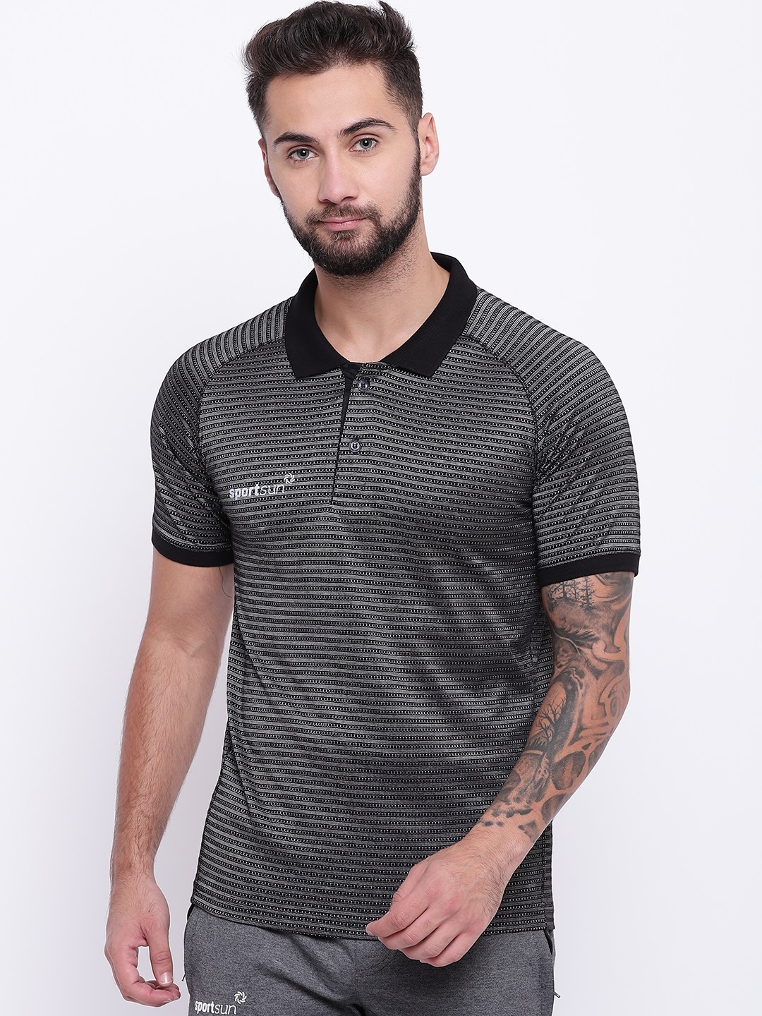 Buy SPORT SUN Men Black Self Striped Polo Collar T Shirt Tshirts