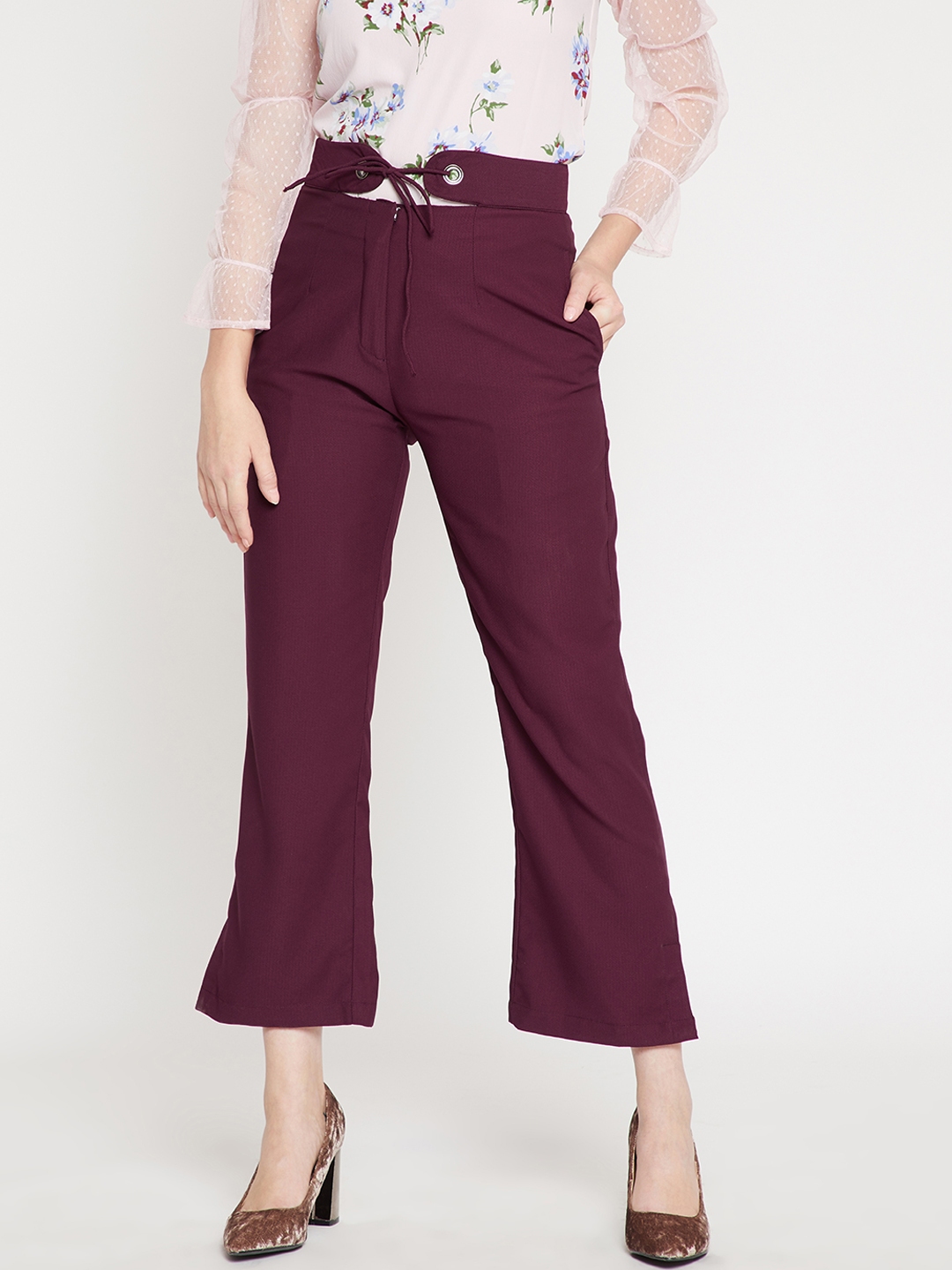 Buy Marie Claire Women Burgundy Regular Fit Solid Bootcut Trousers -  Trousers for Women 7134134