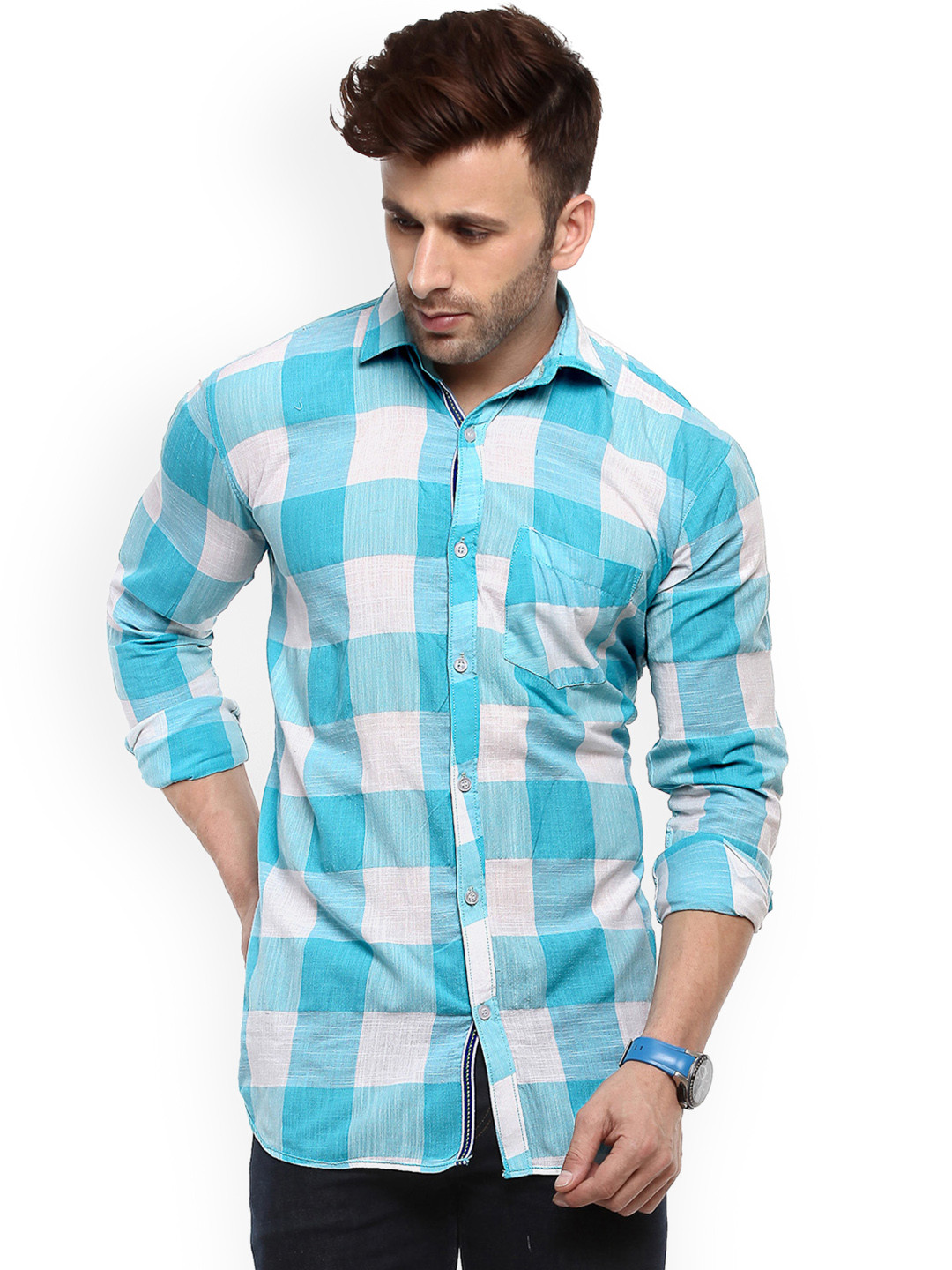 Hangup Men Turquoise Blue & White Slim Fit Checked Casual Shirt