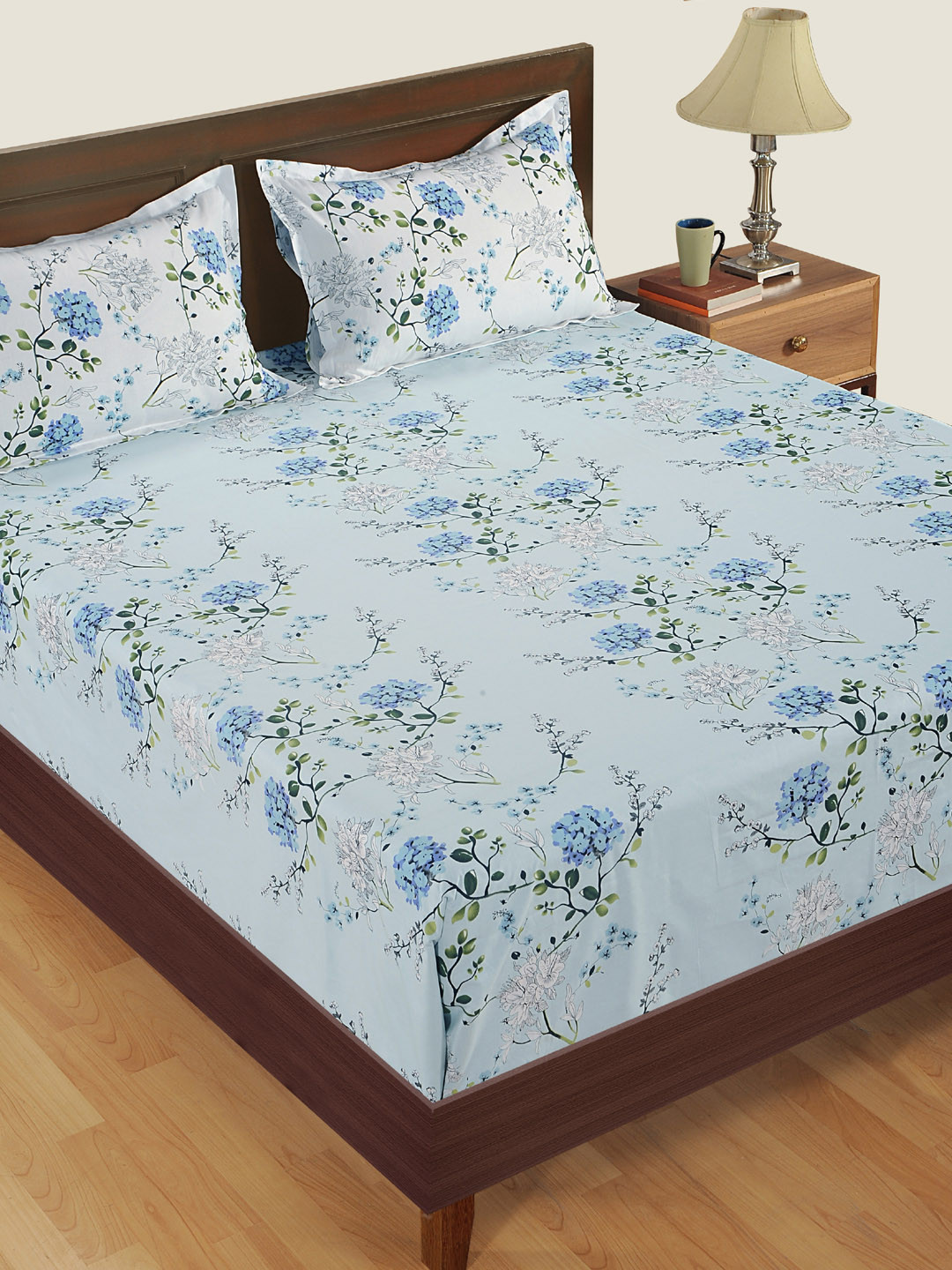SWAYAM Blue & Green Floral Fitted Cotton 1 King Bedsheet with 2 Pillow Covers