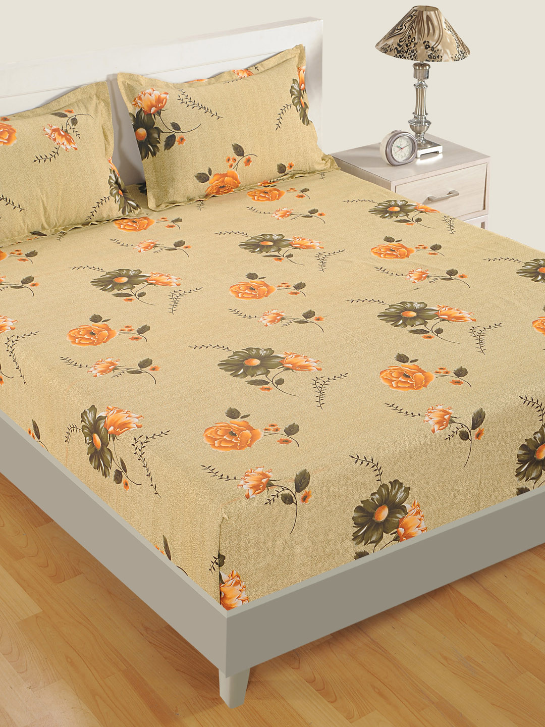 SWAYAM Beige Floral Cotton 180 TC Fitted Queen Fine Bedsheet with 2 Pillow Covers-188 x 180 cm