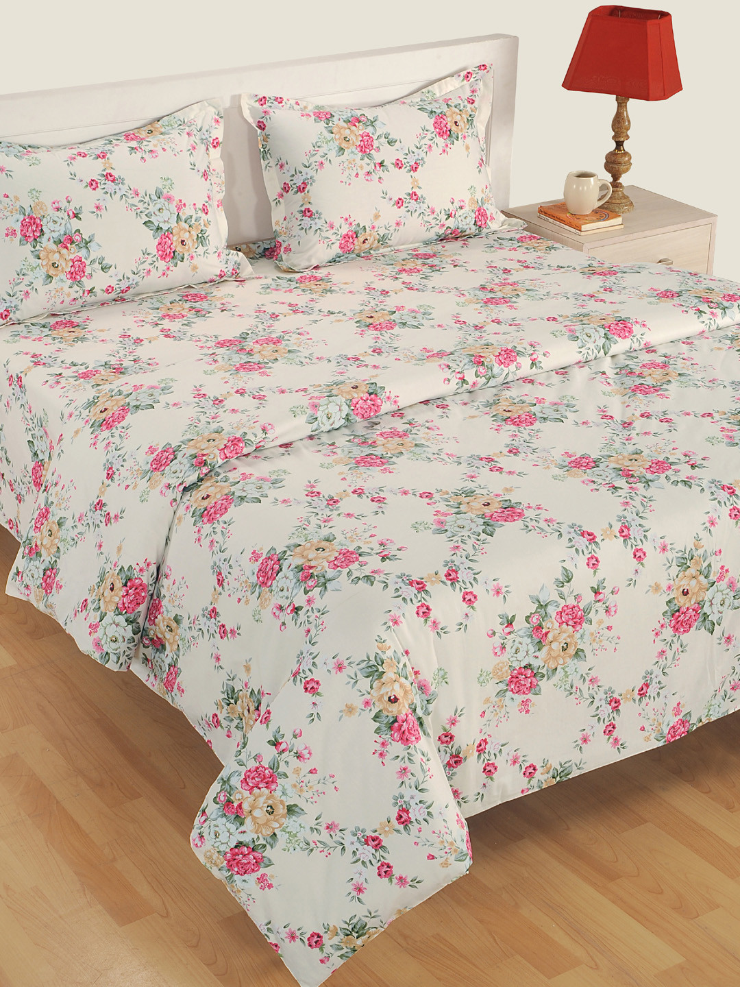 SWAYAM Off-White & Pink Pure Cotton Satin 250 TC Printed Bedding Set