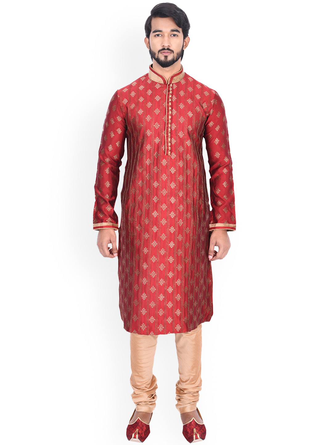Manu Men Maroon & Beige Self Design Kurta with Churidar