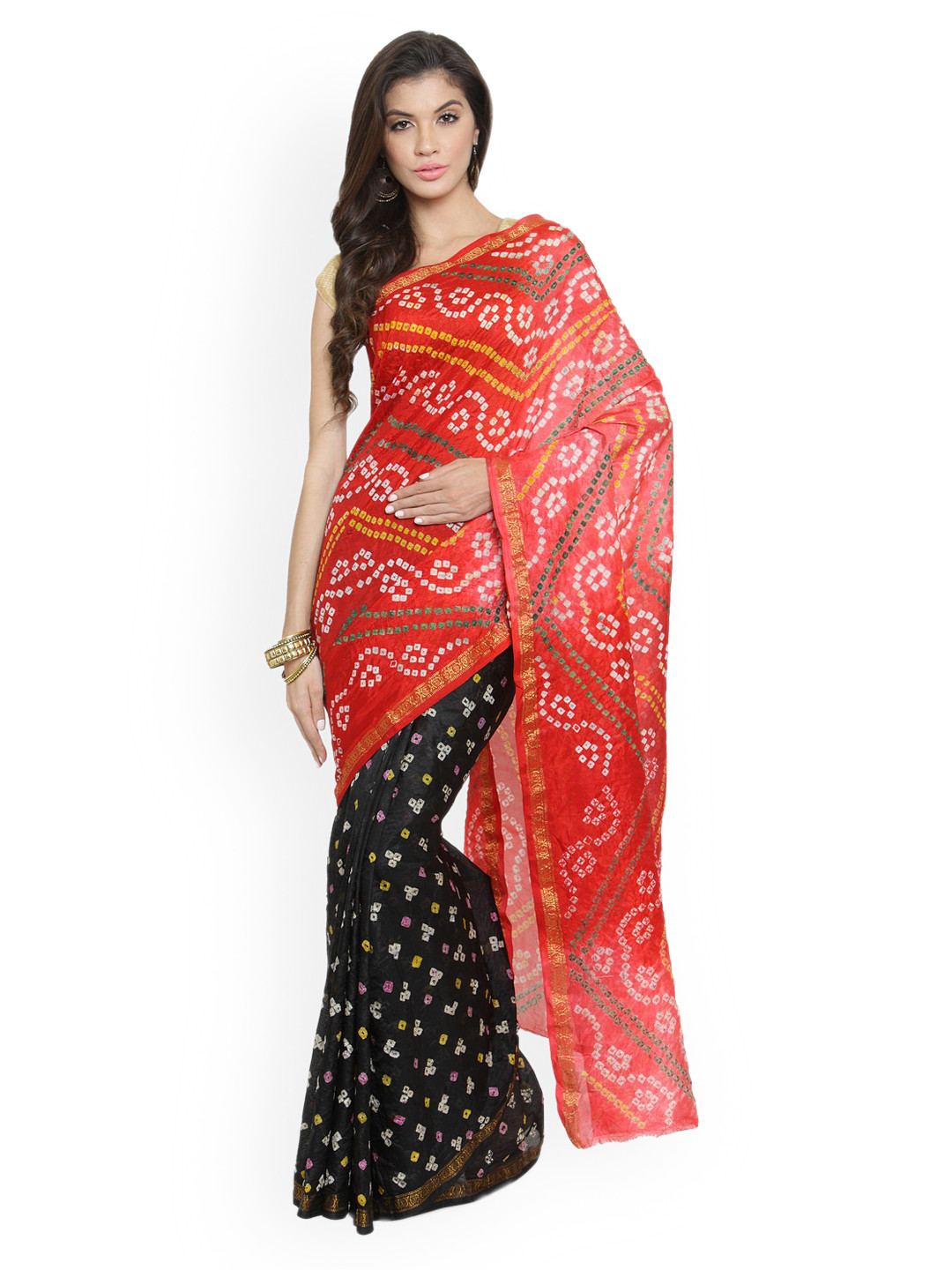 Geroo Jaipur Red & Black Art Silk Printed Bandhani Saree