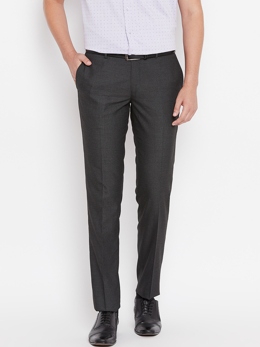 Wills Lifestyle Men Charcoal Grey Skinny Fit Solid Formal Trousers