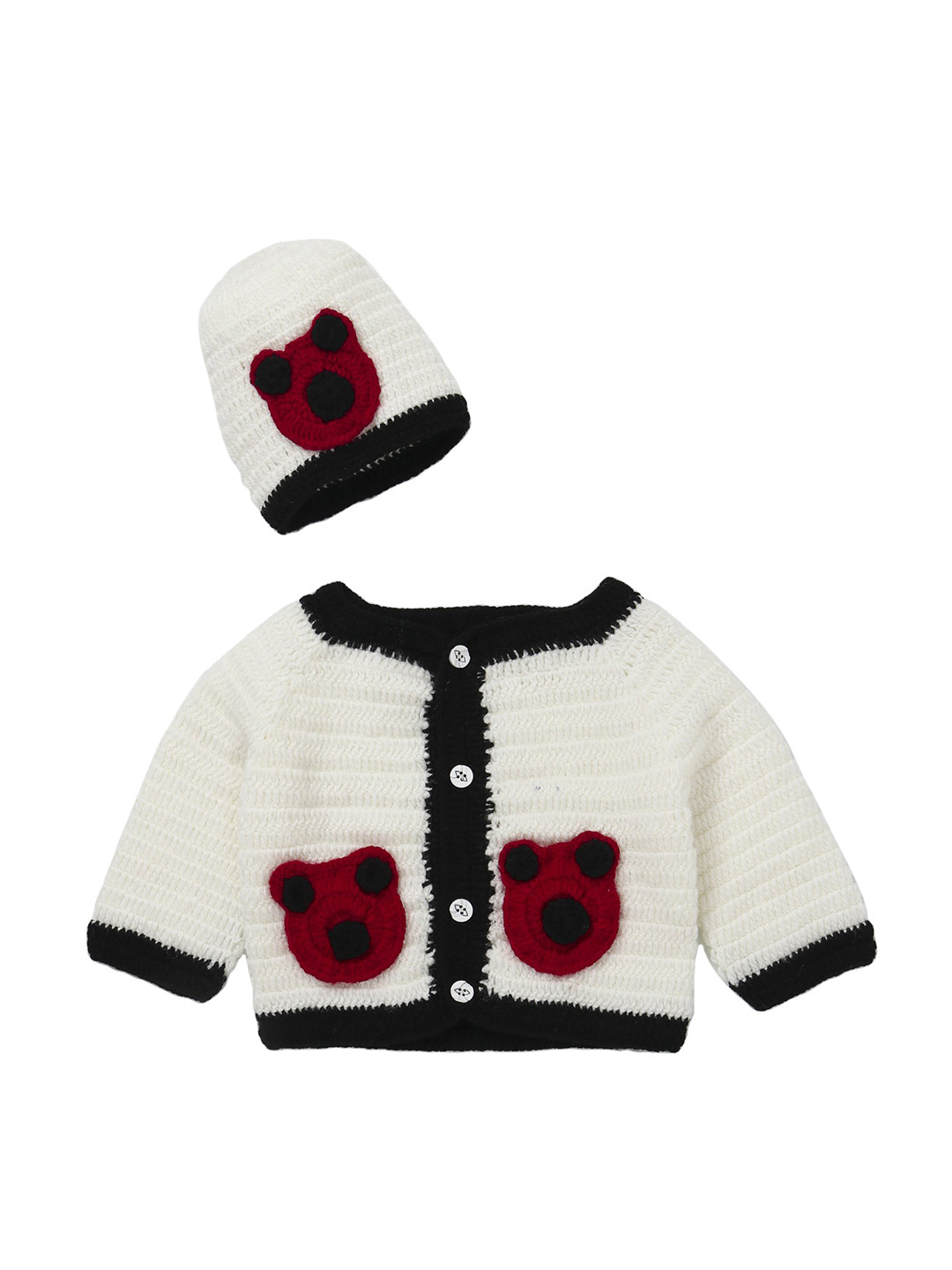 CHUTPUT Unisex Cream-Coloured & Red Solid Wool Cardigan with a Beanie Cap