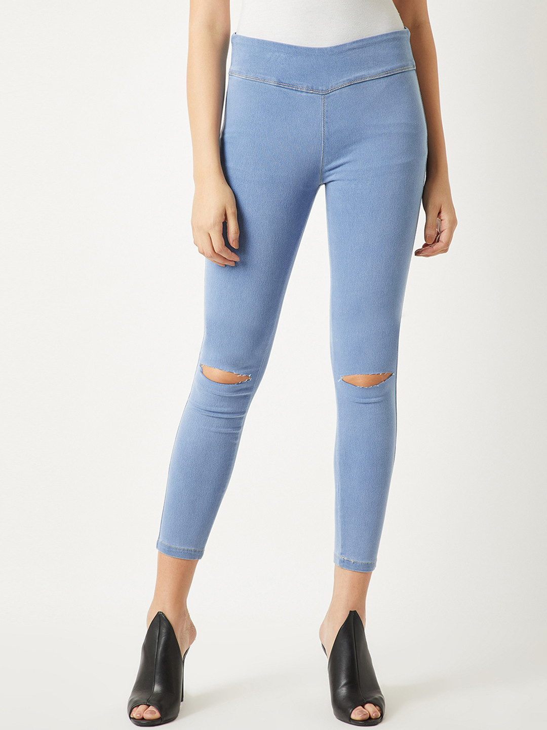 Miss Chase Blue Denim-Look Slit Knee Jeggings
