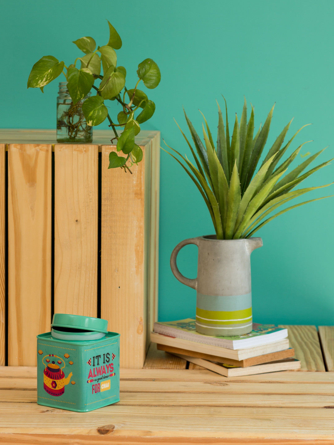 Chumbak Teal Typography Metal Hand-Painted Screw Top Canister-300ml