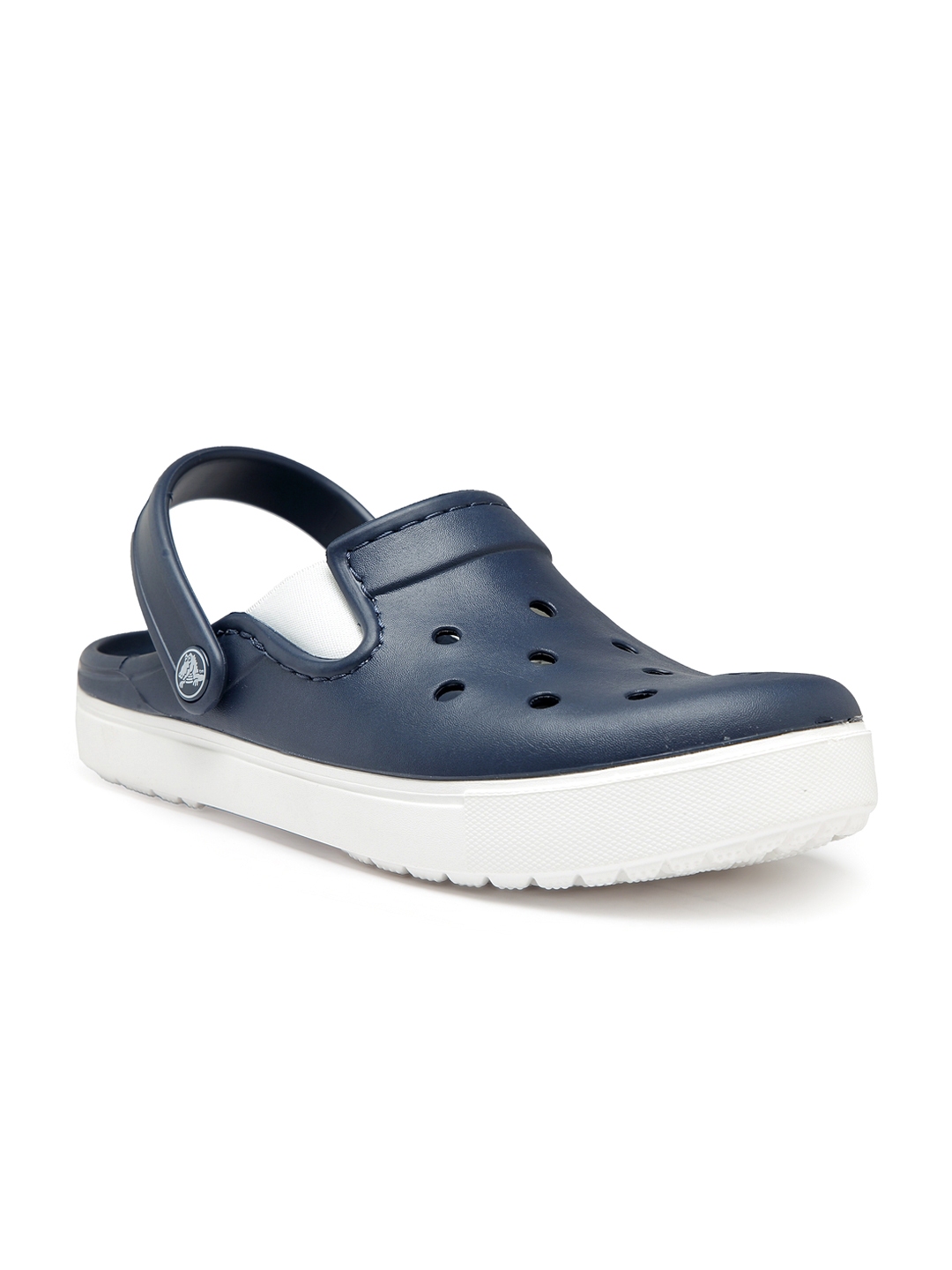 navy blue and white crocs