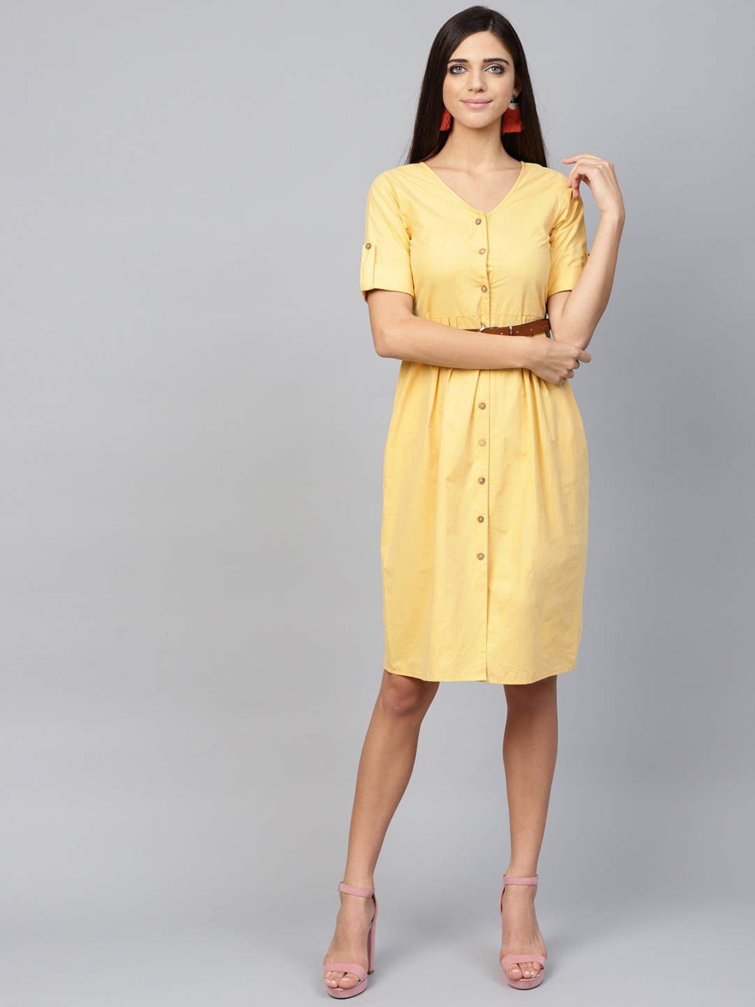 Athena Women Yellow Solid Shift Dress