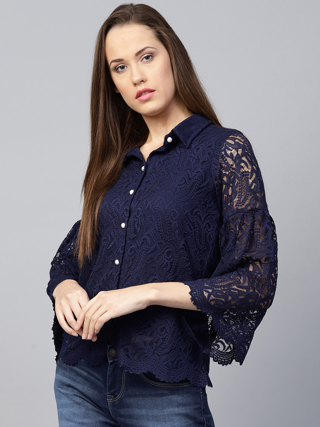 Athena Women Navy Regular Fit Lace Casual Shirt