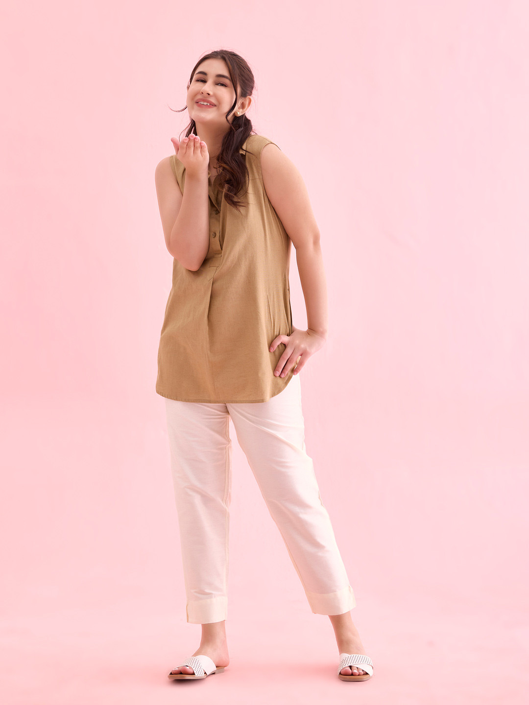 Go Colors Women Cream-Coloured Tapered Fit Solid Regular Trousers
