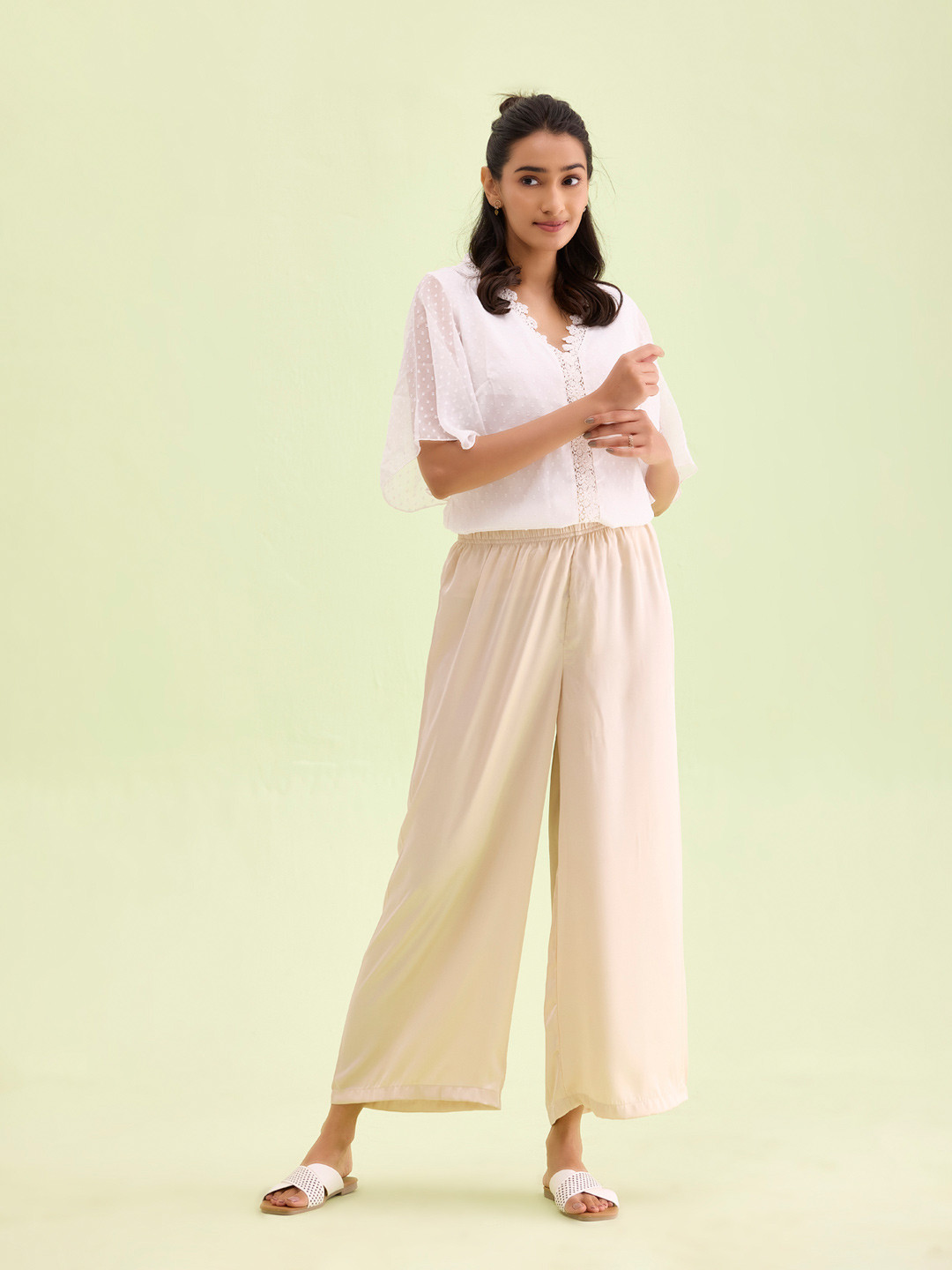 Buy Go Colors Women Cream Coloured Solid Wide Leg Shiny Palazzos